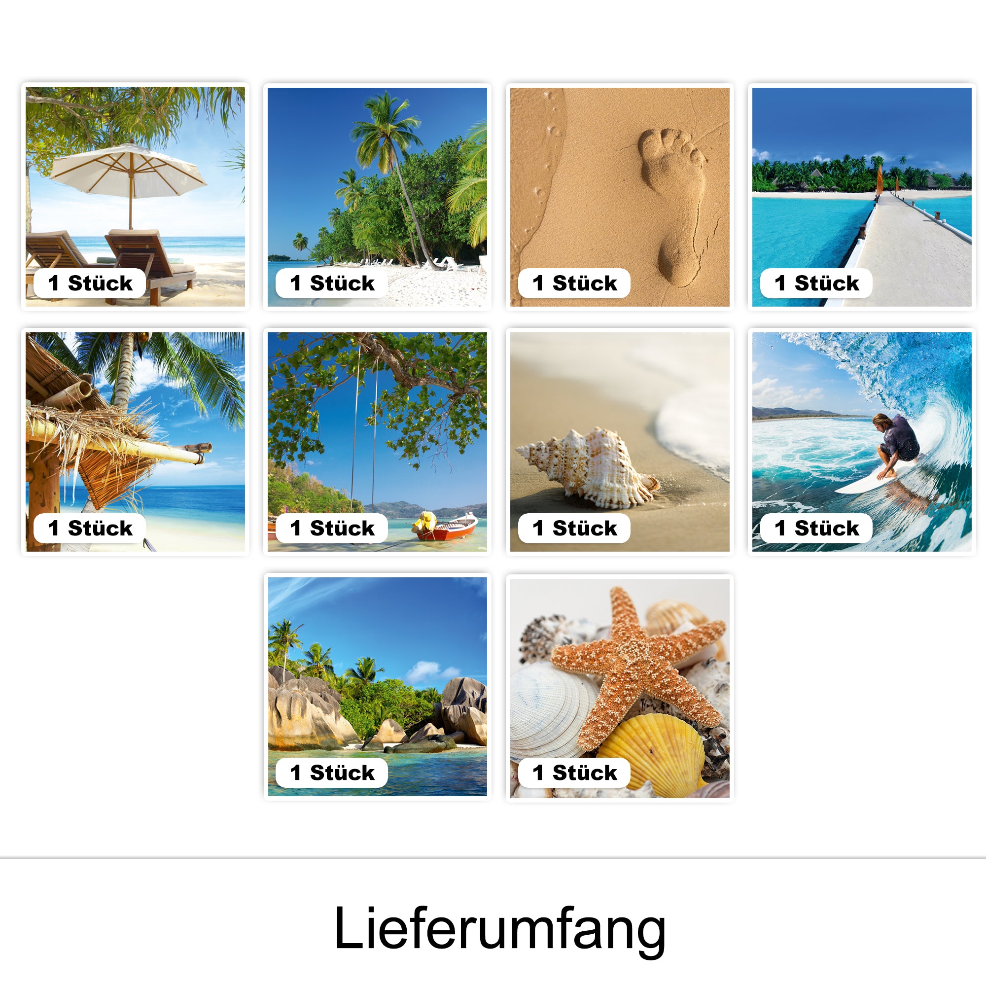 Tropische Strände, Sonnenliegen, Fußabdrücke, Meer, Muscheln, Surfer.