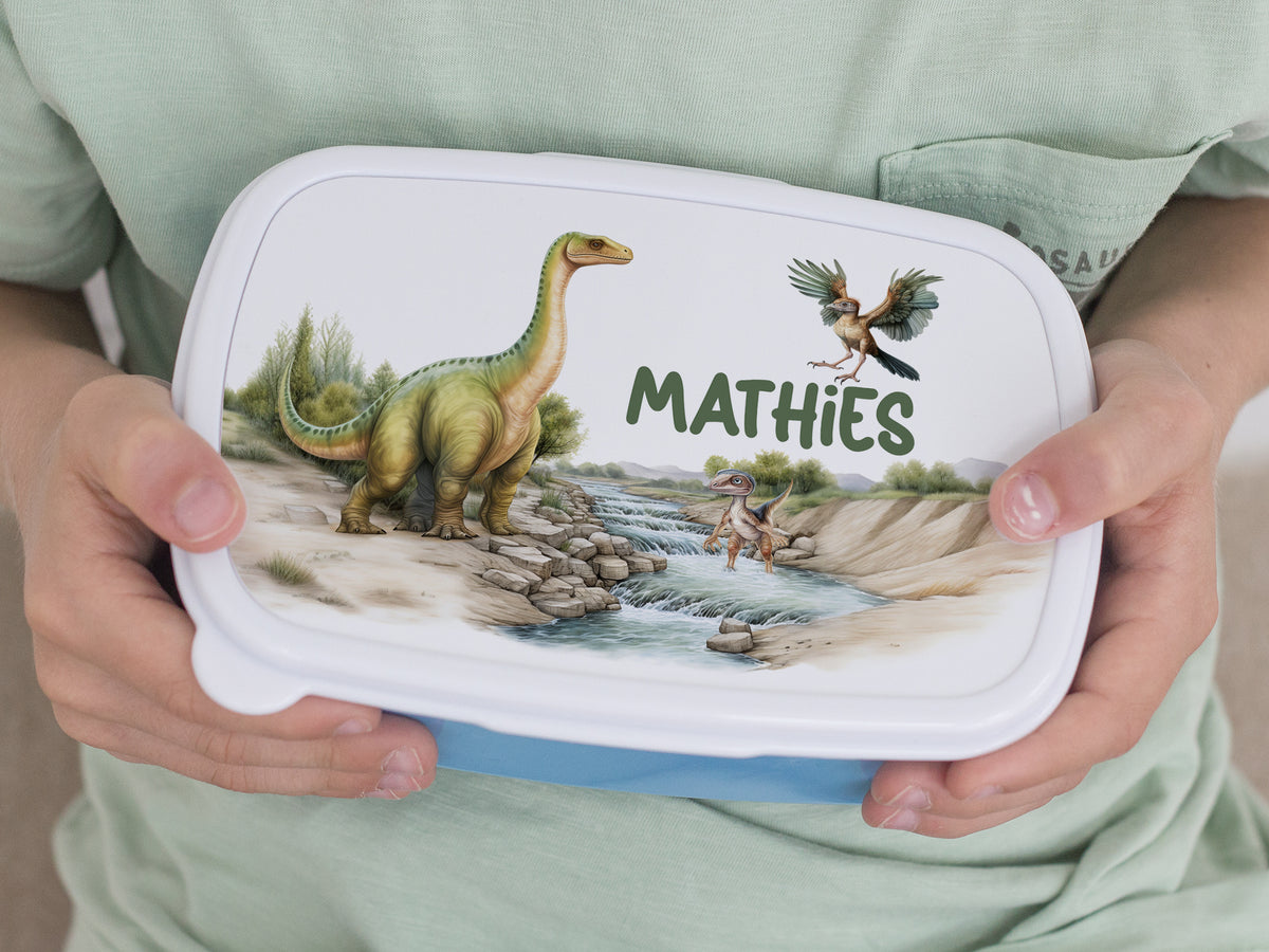 Lunchbox mit Dinosauriern und dem Namen "MATHIES" in Grün.