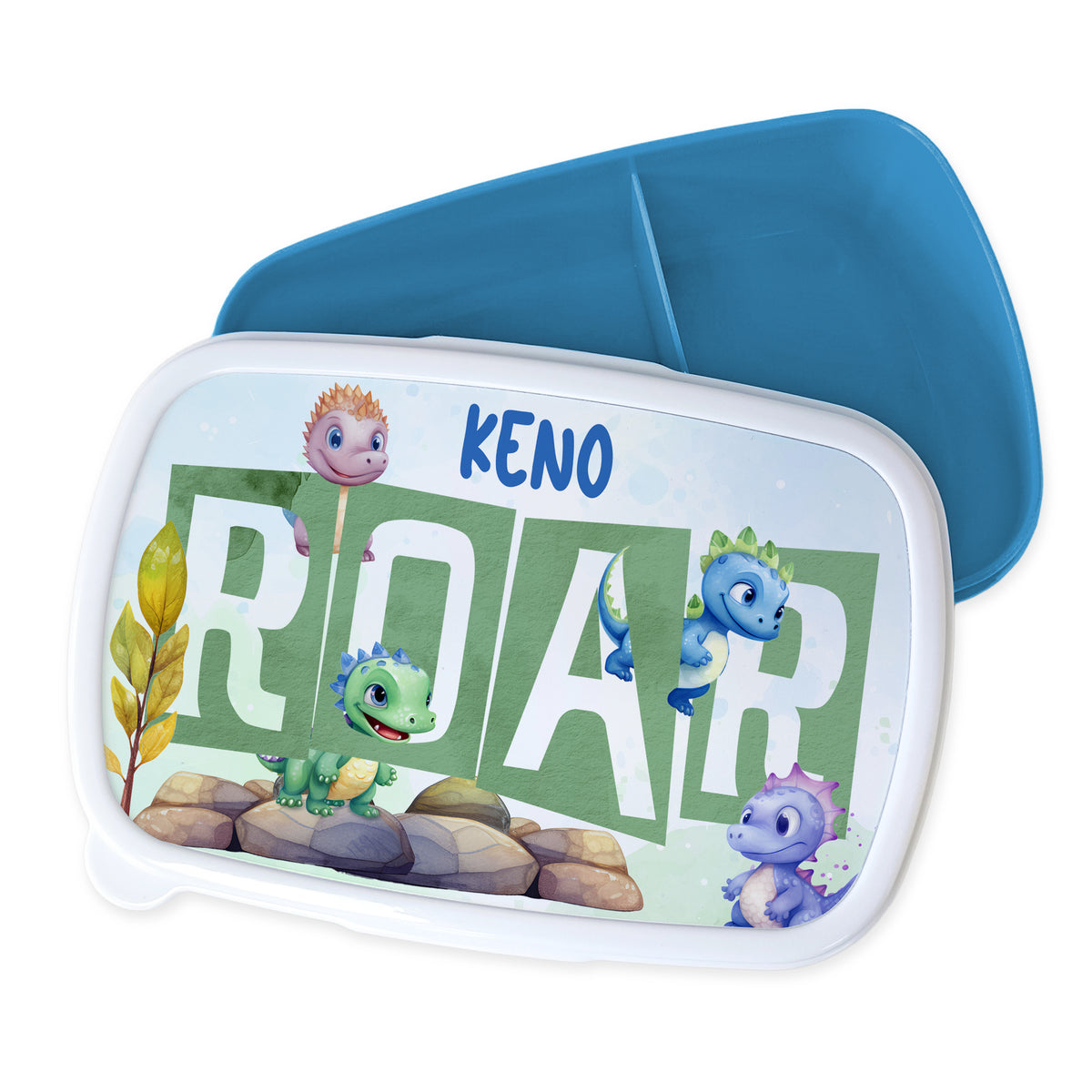 Bento-Box mit Drachenmotiven in Weiß und Blau.