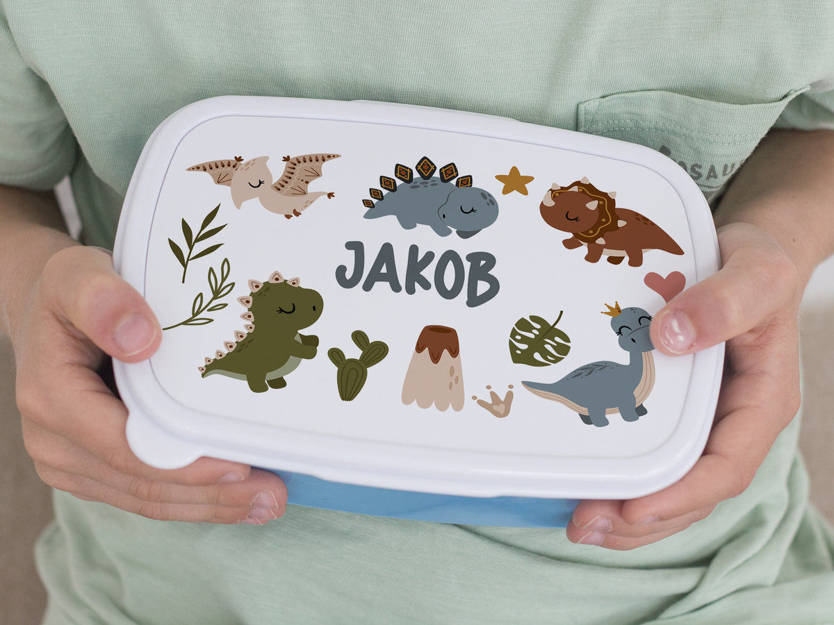 Bunte Brotdose mit Dinosauriern und Namen „JAKOB“.