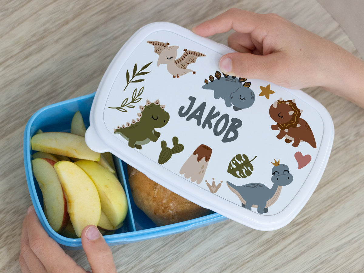 Bunte Brotdose mit Dinosaurier-Motiven und Namen "Jakob".