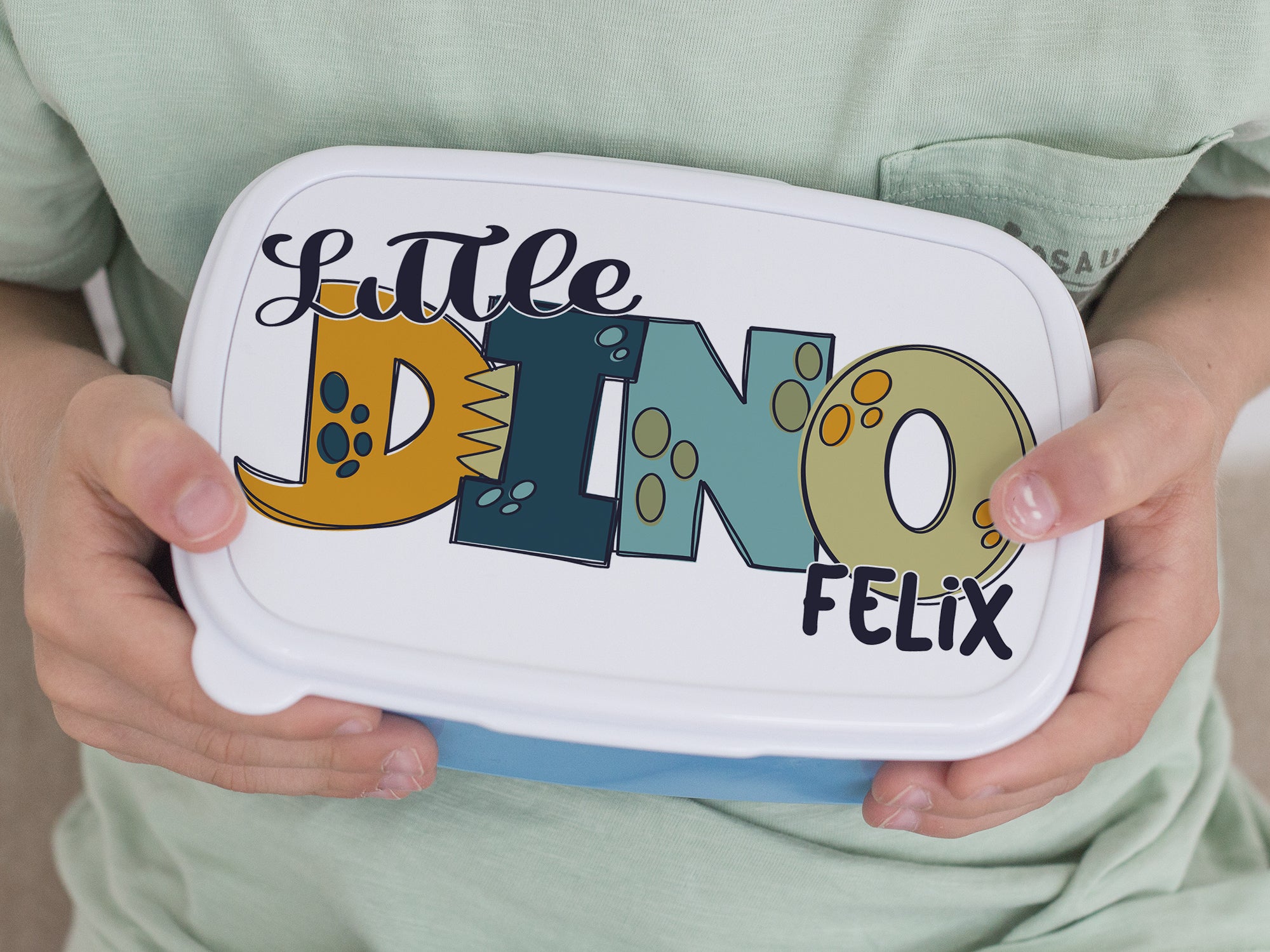 Bunte Brotdose mit "Little DINO FELIX" Aufschrift.