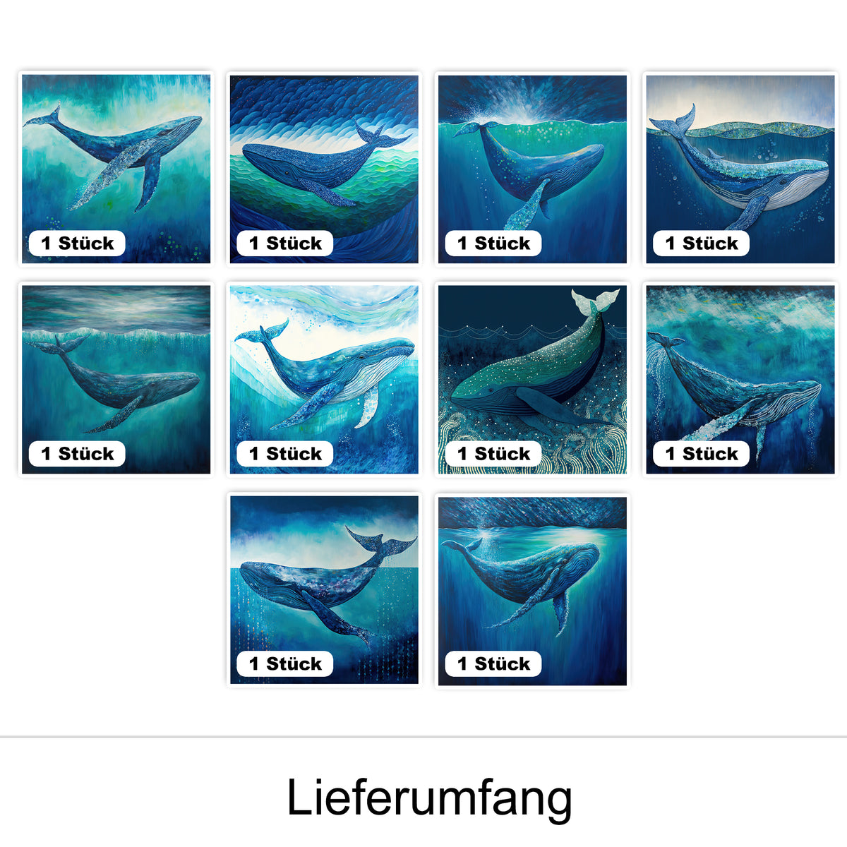 Wale in verschiedenen Blautönen, detailreiche Unterwasseransichten.