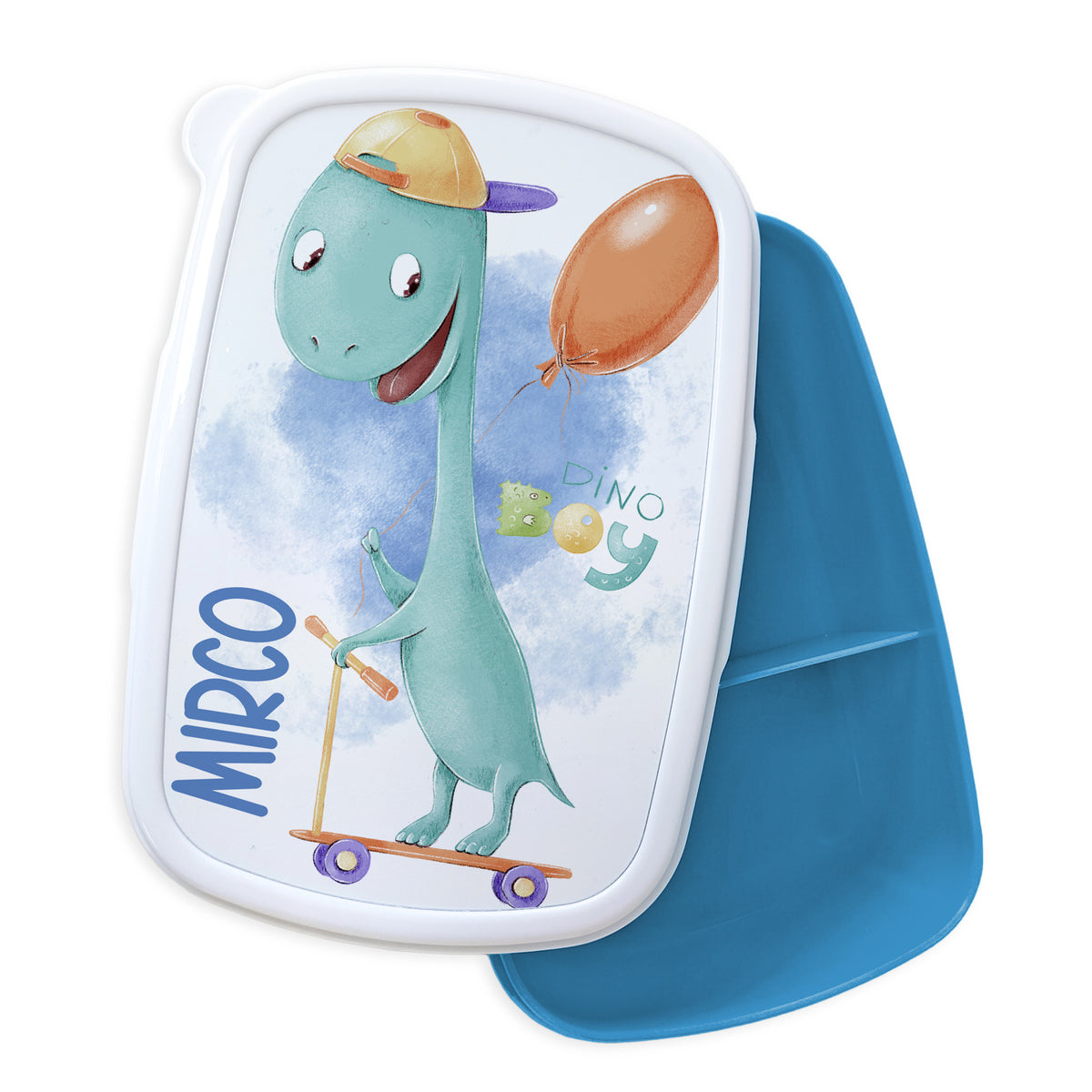Lunchbox mit grünem Dinosaurier und blauem Innenraum.