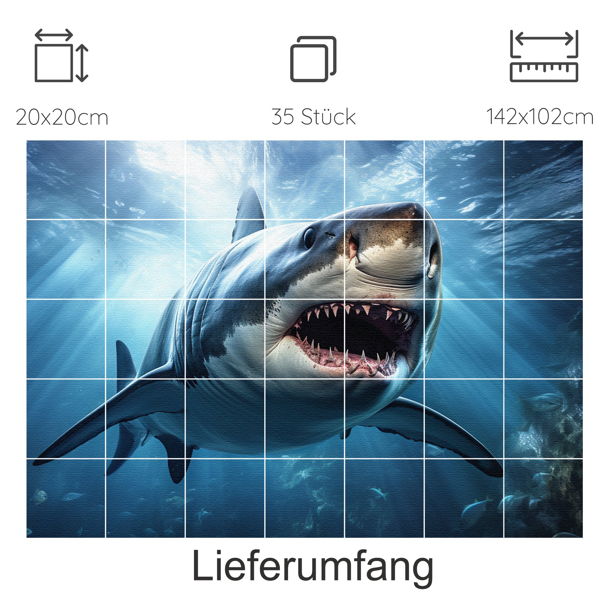 Großer weißer Hai unter Wasser, lebendige Farben, dramatische Pose.