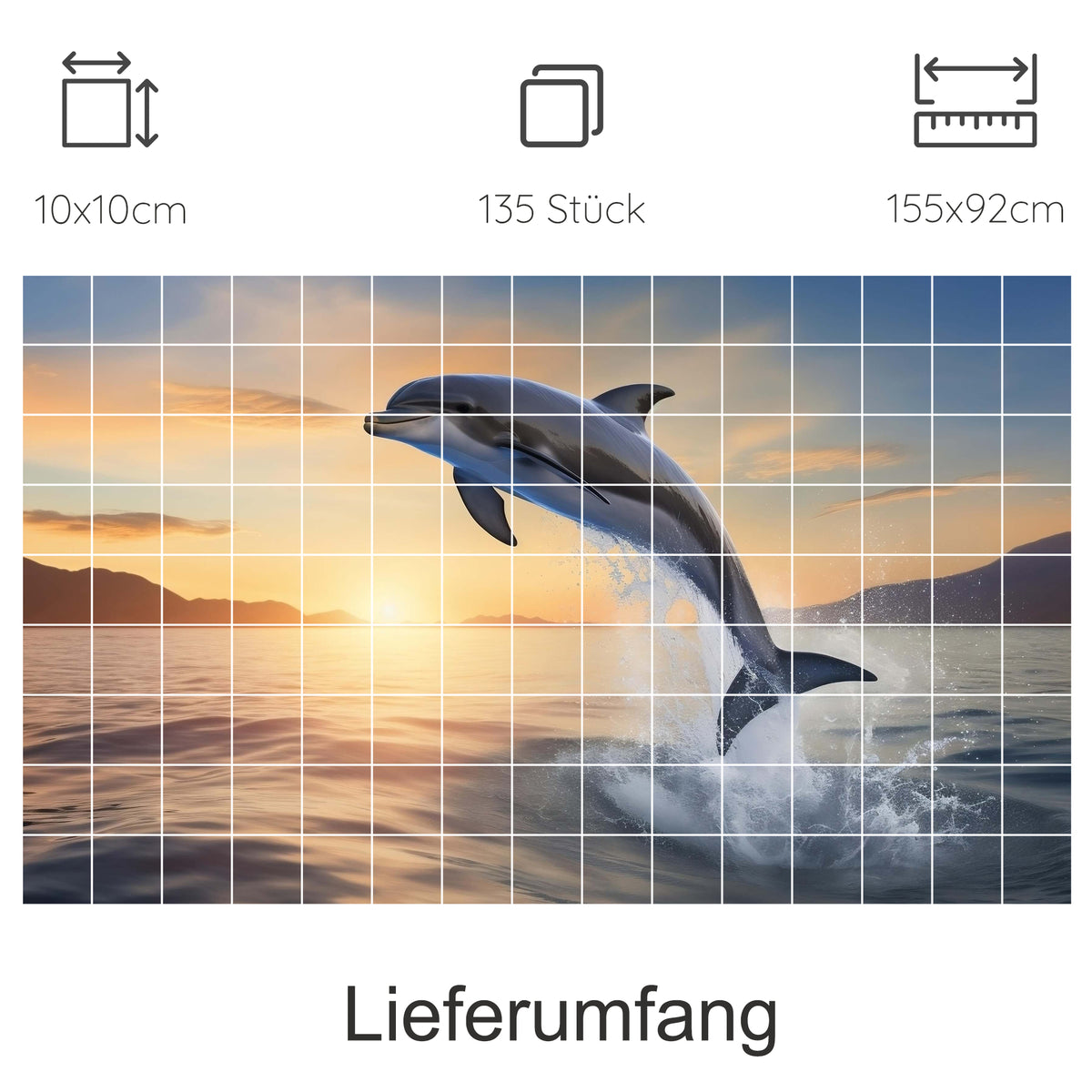 Springender Delfin vor Sonnenuntergang, 135 Teile Puzzle.