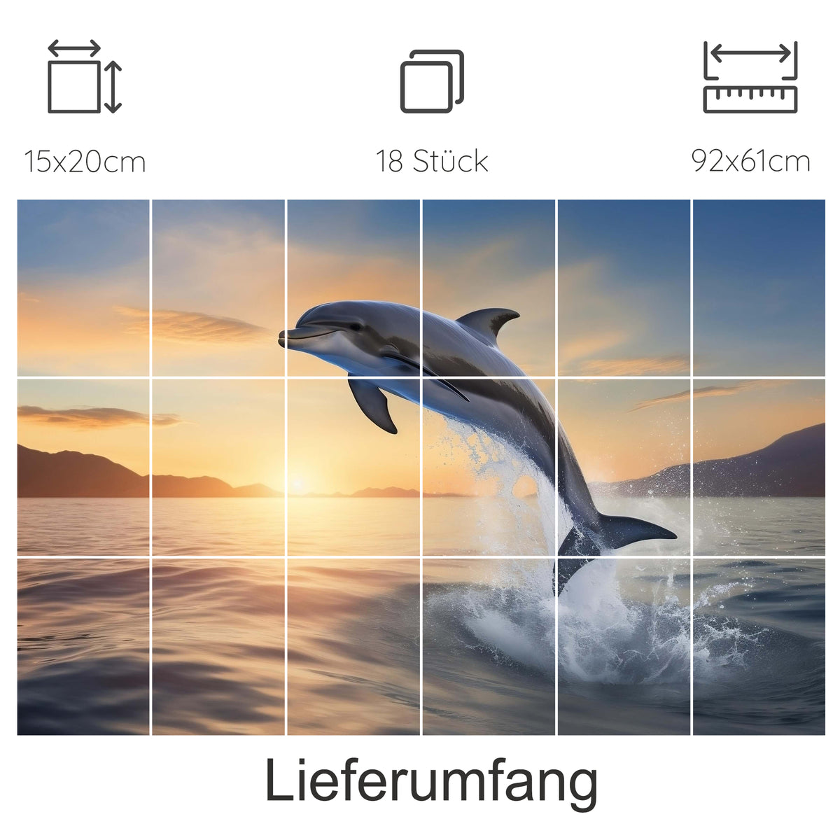 Springender Delfin vor Sonnenuntergang, 18-teiliges Set.