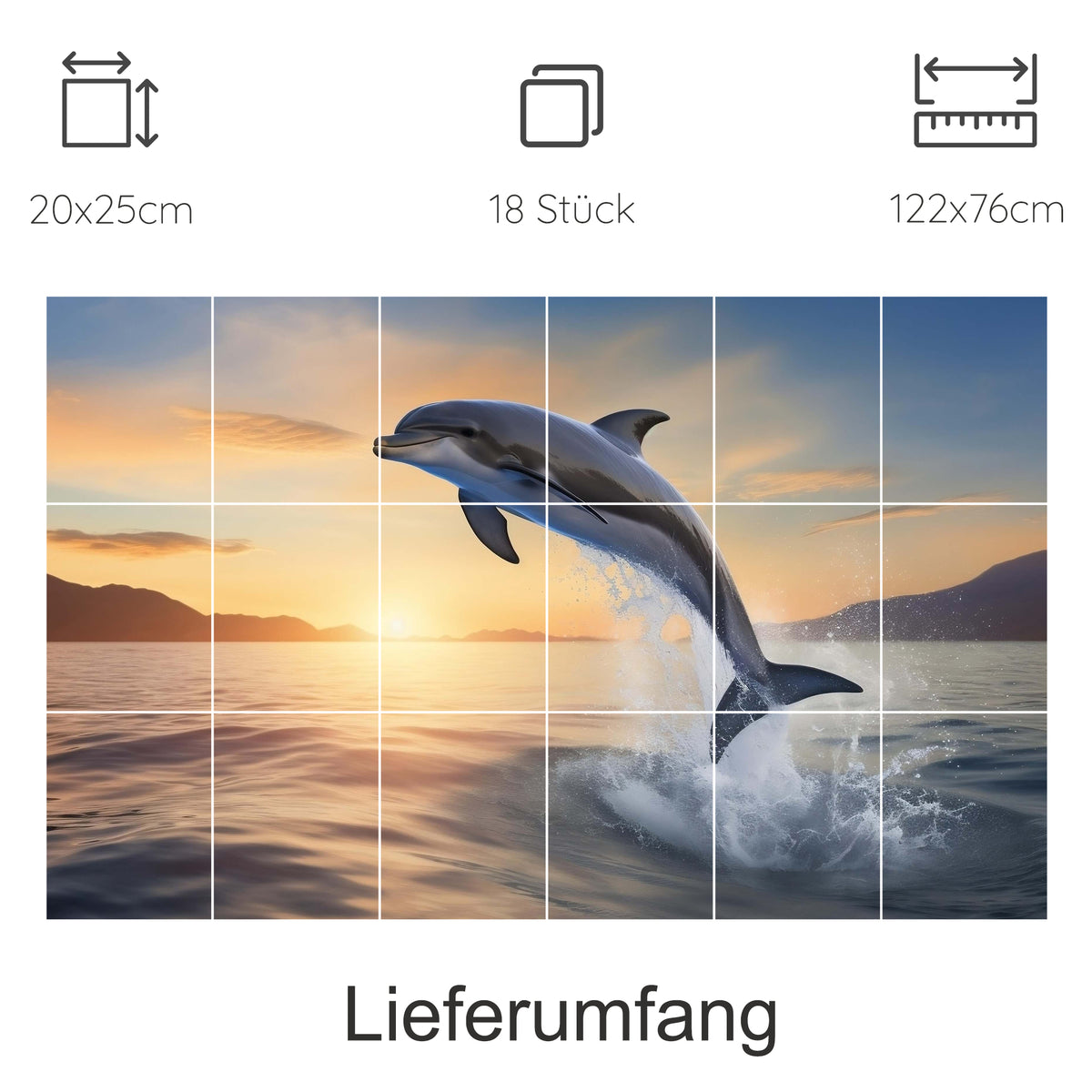 Spritzender Delfin vor Sonnenuntergang, 18-teiliges Wandbild.