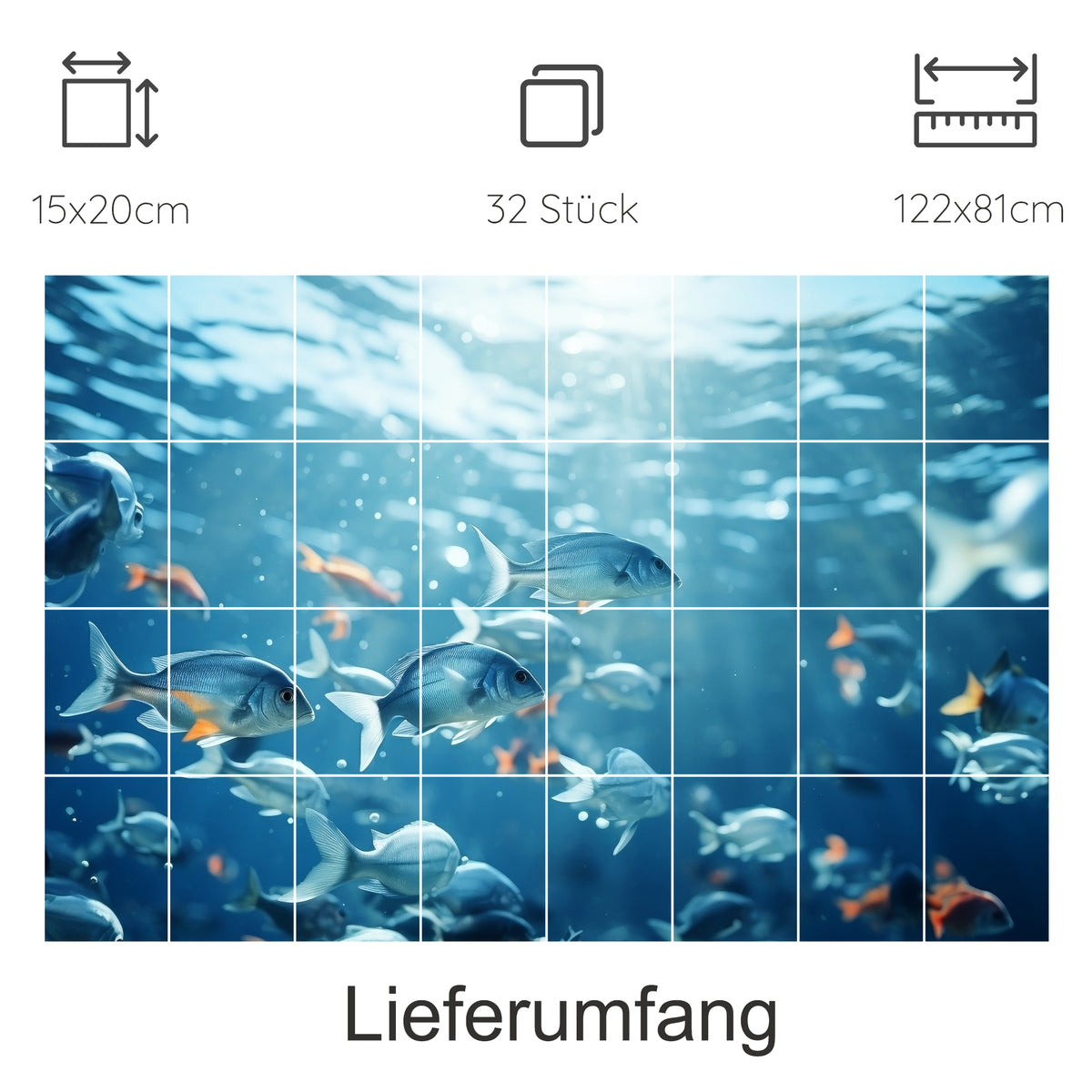 Fischmotiv in Blau, 32 Teile, 122x81 cm.
