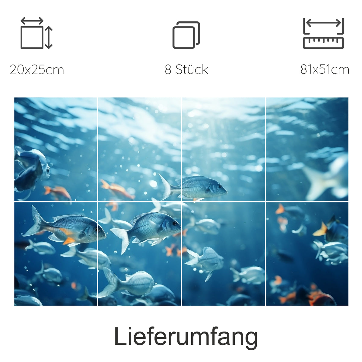 Aquarienmotiv mit Fischen in Blau- und Orangetönen, 8 Teile.