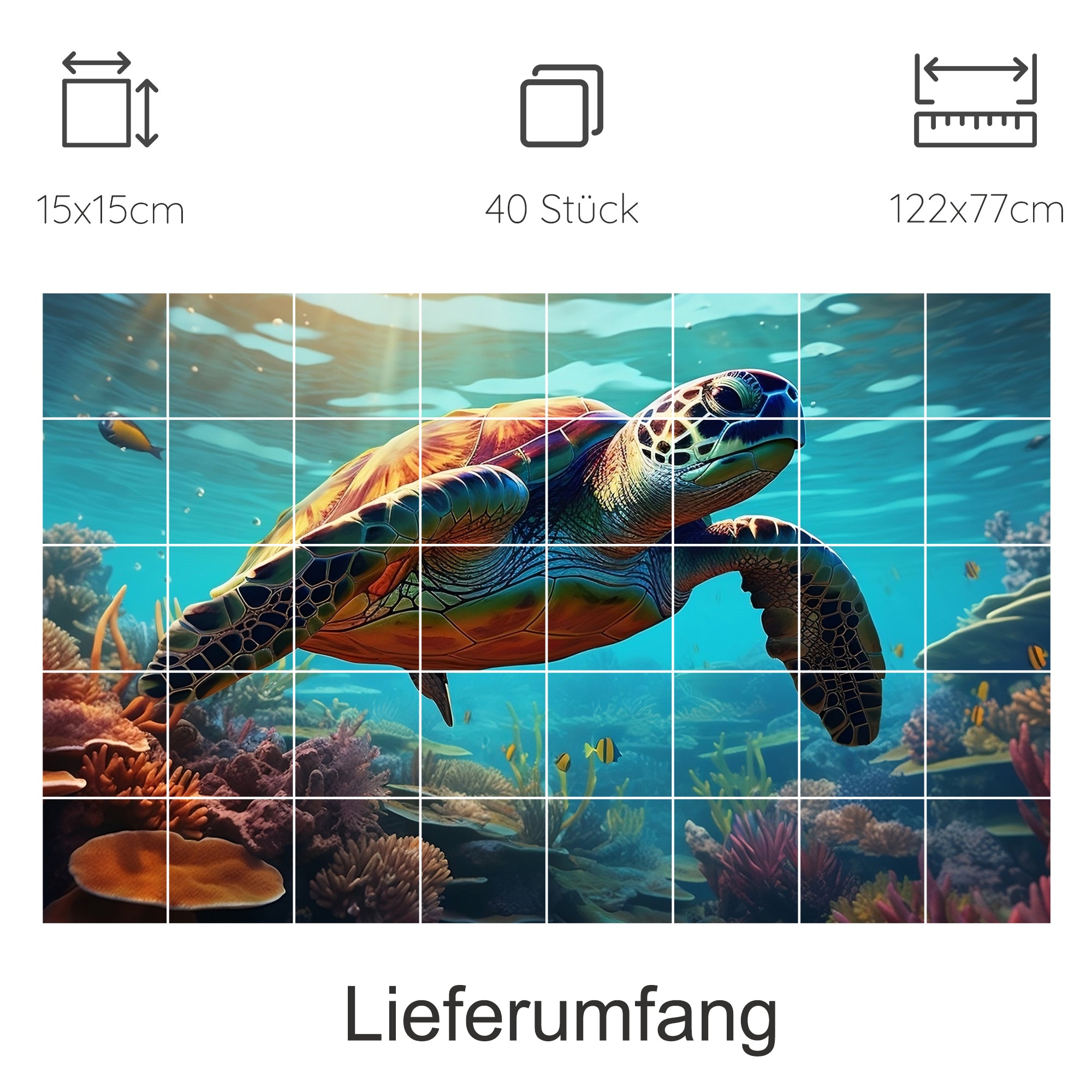 Schildkröte im Wasser, lebendige Farben, Unterwasserlandschaft.