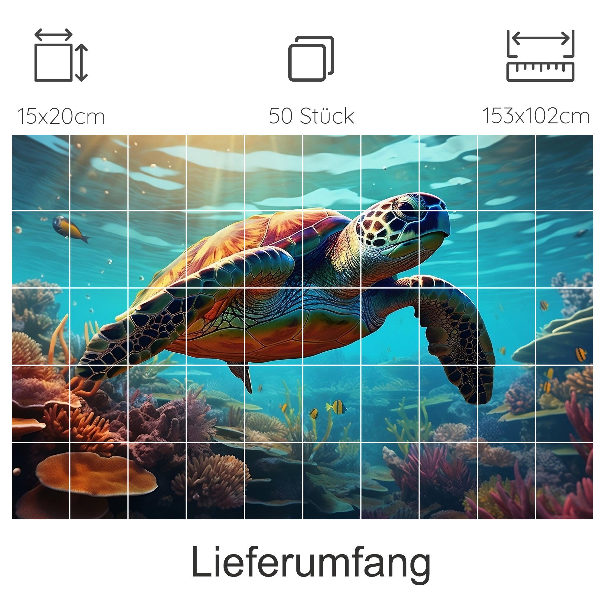 Schildkröte im Wasser, leuchtende Farben, Korallenriff.
