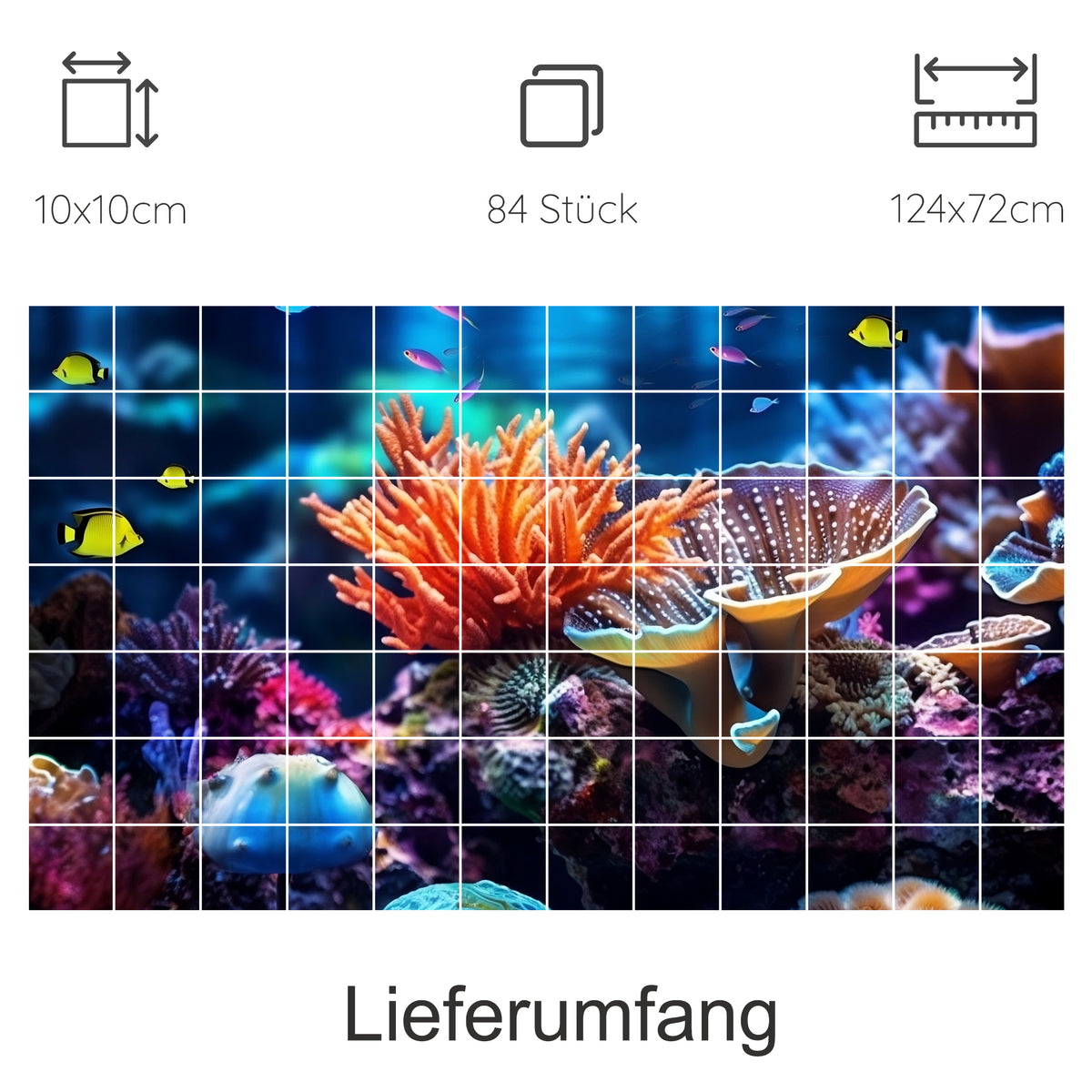 Bunte Korallen und Fische in aquatischer Unterwasserwelt.
