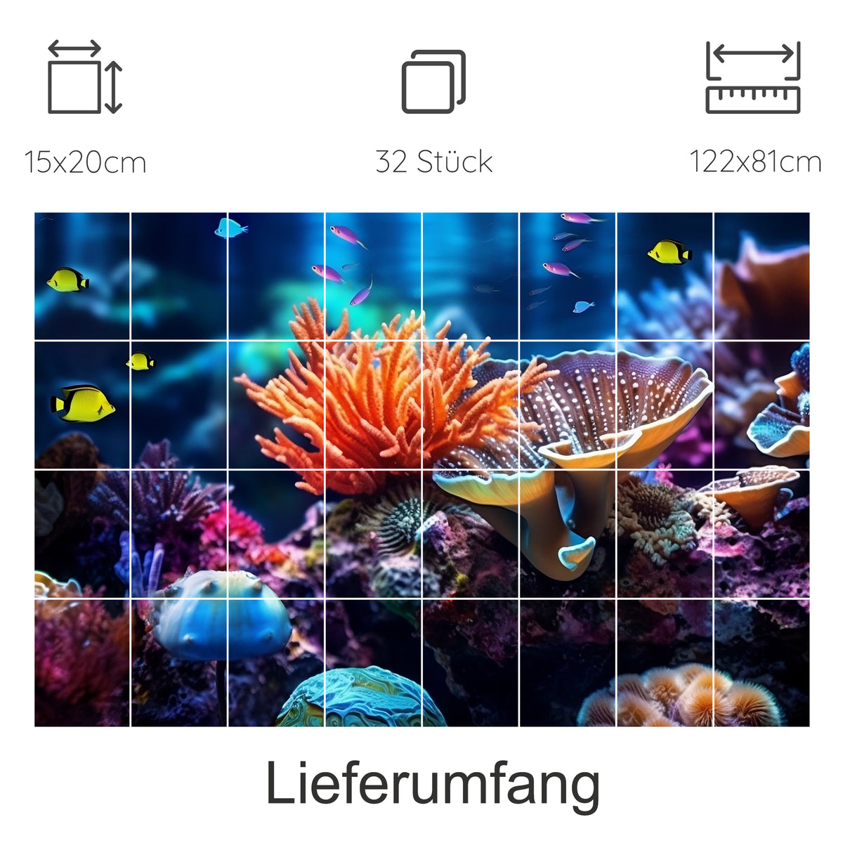 Buntes Korallenriff mit Fischen und lebendigen Farben.
