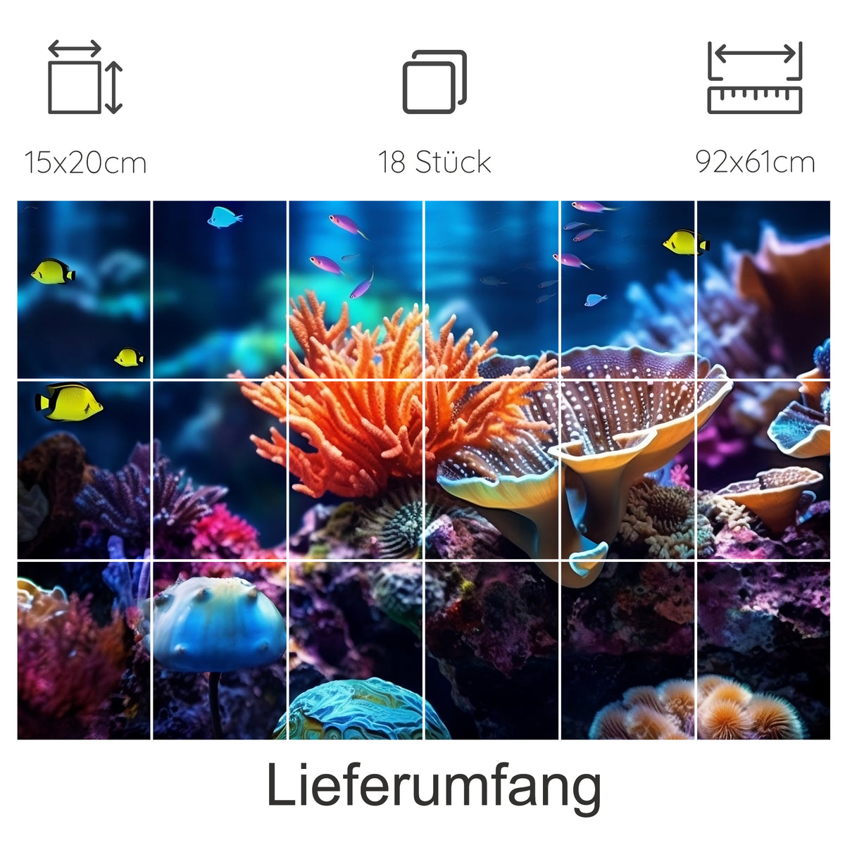 Bunte Korallenlandschaft mit Fischen in Blau- und Orangetönen.