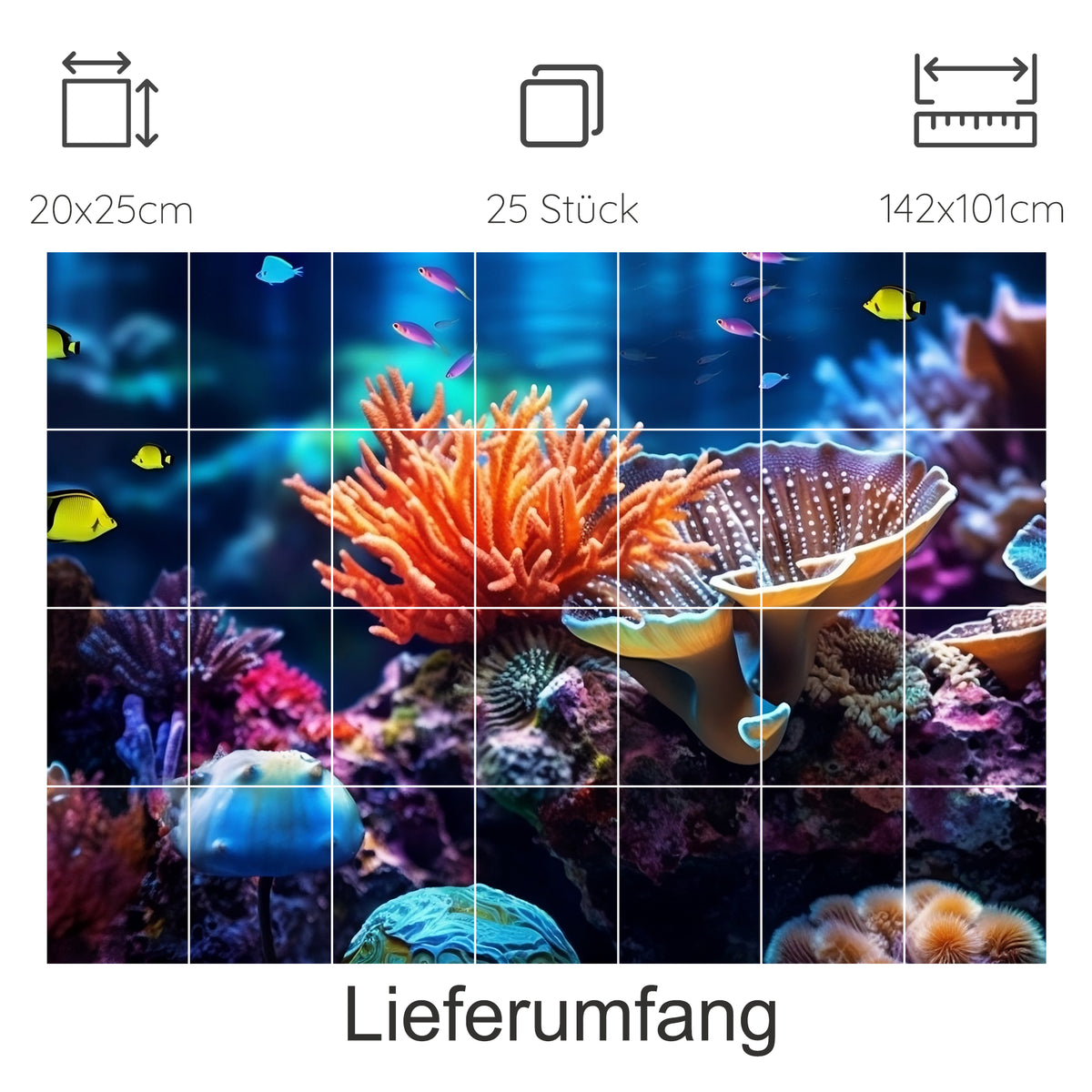 Bunte Korallenriff-Szene mit Fischen und Meeresbewohnern.