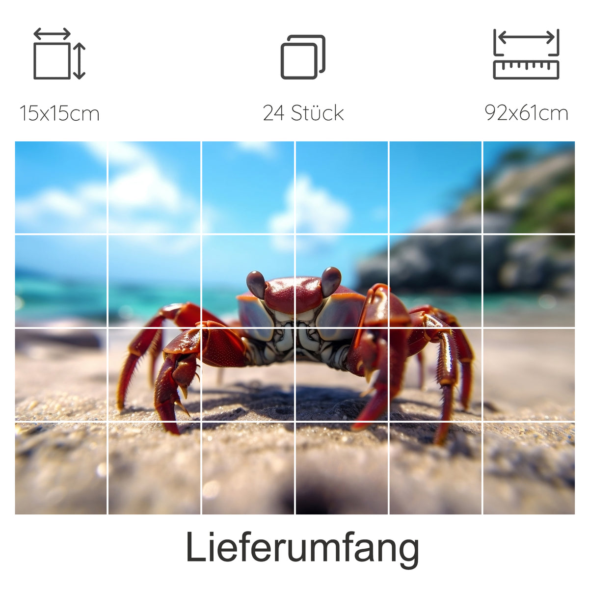 Roter Krebs am Strand mit verschwommenem Hintergrund.