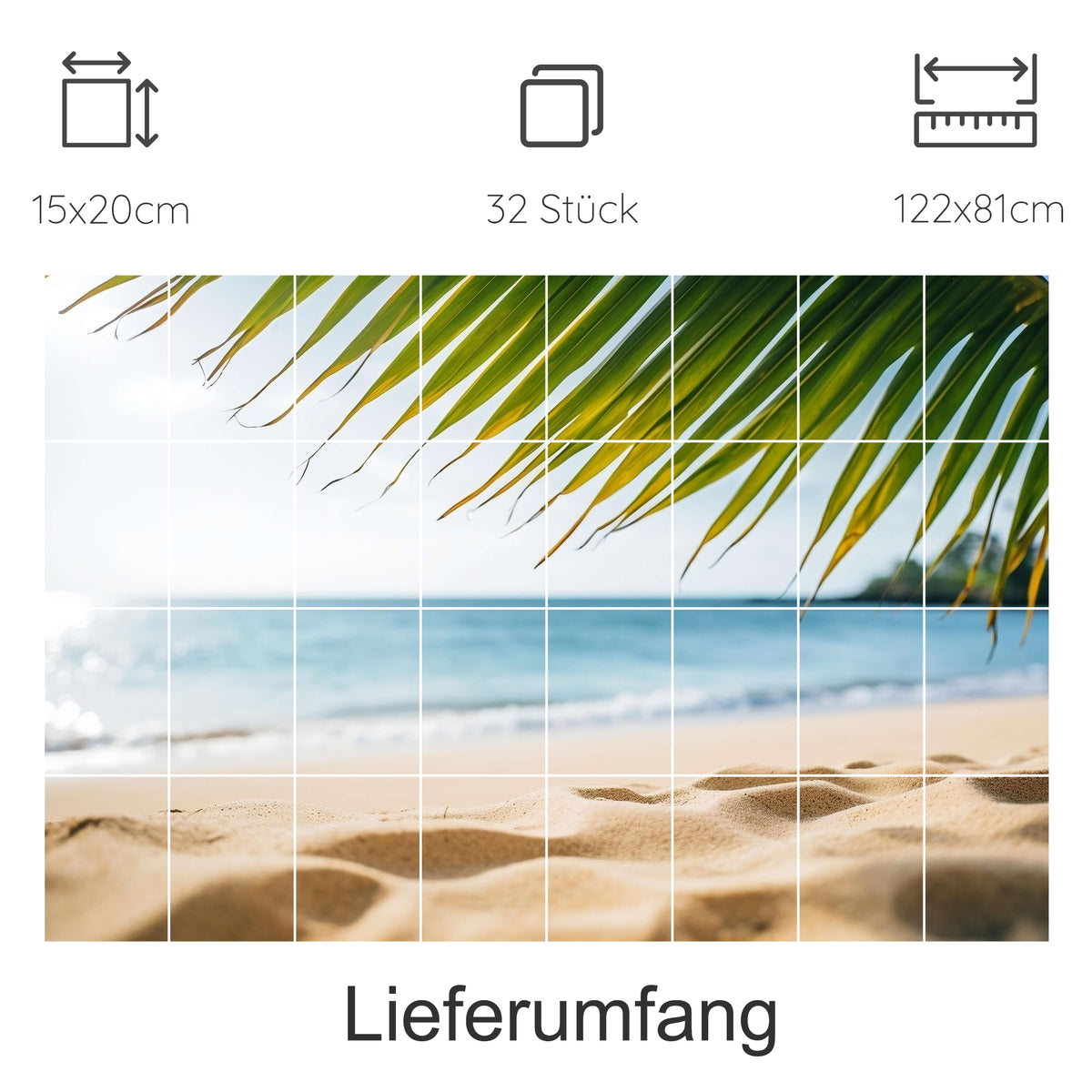 Strandmotiv mit Palmenblättern, sandfarbener Hintergrund.