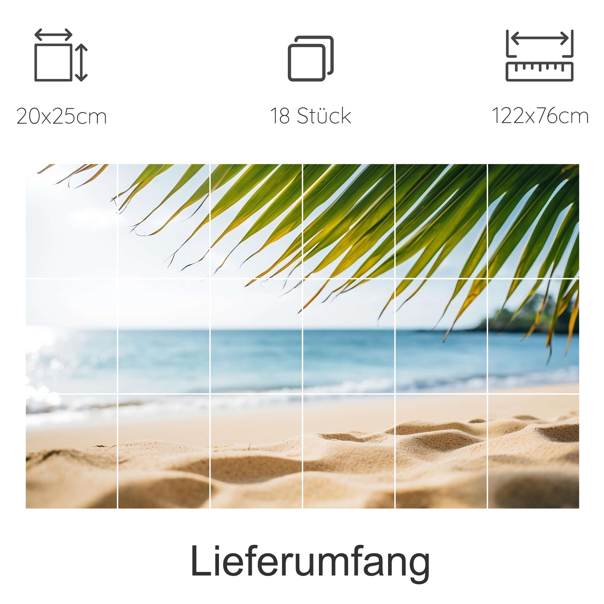 Strandmotiv mit Palmen, 18-teilig, 122x76 cm.