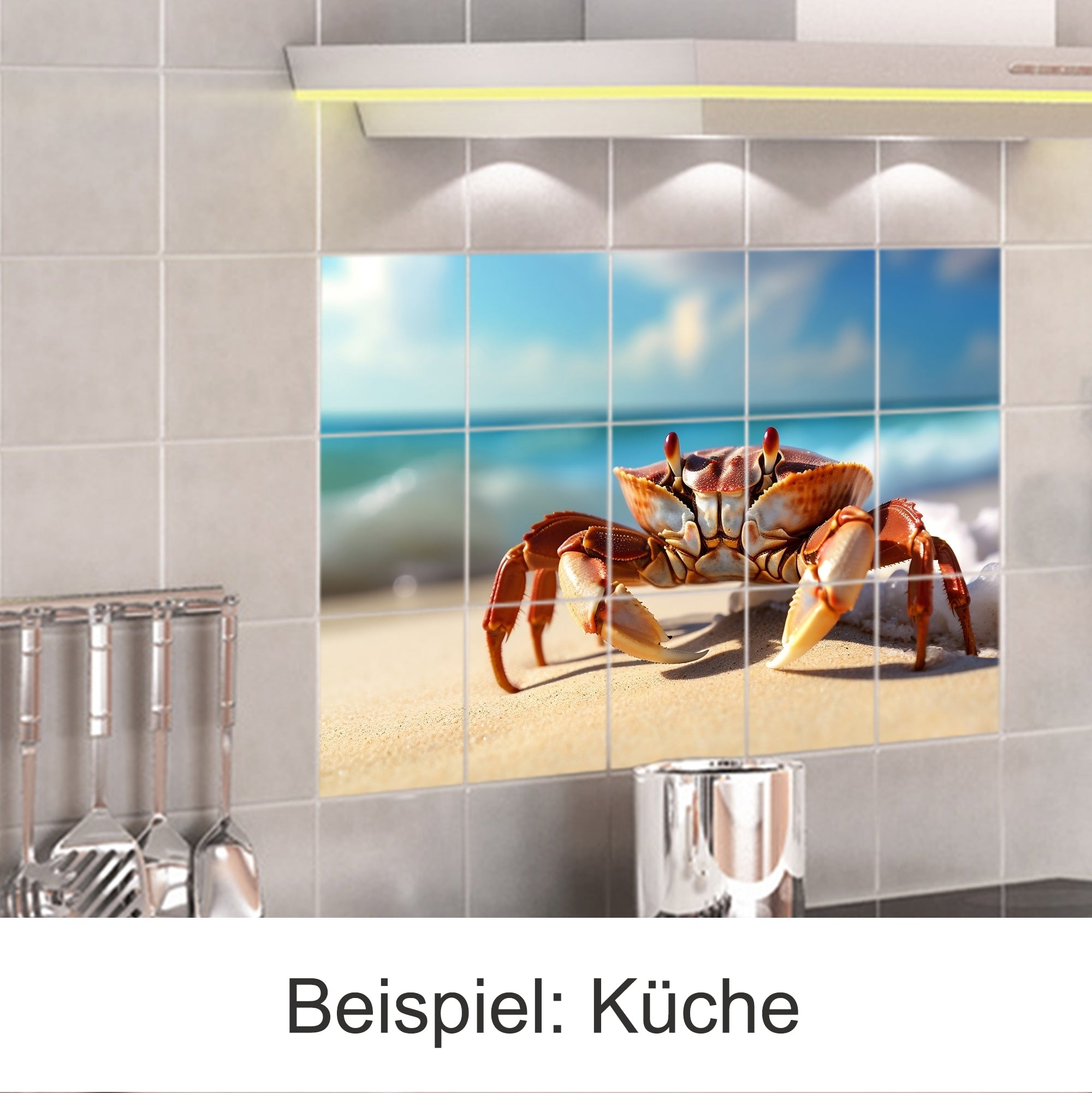 Krabbe auf Fliesen mit Strandhintergrund, lebendige Farben.