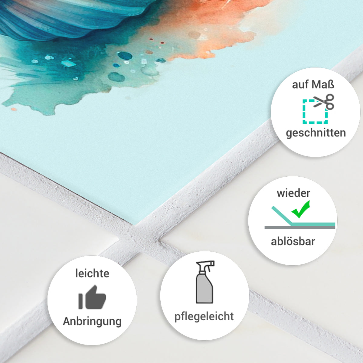 Wandtattoo in Aqua- und Orangetönen, leicht anbringbar.