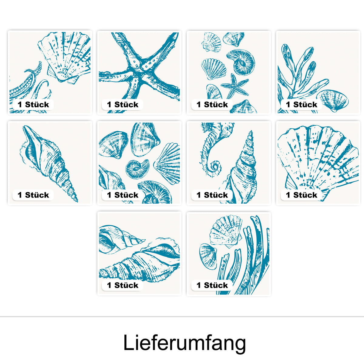 Meeresmotive in Blau auf weißem Hintergrund, 10 Stück.
