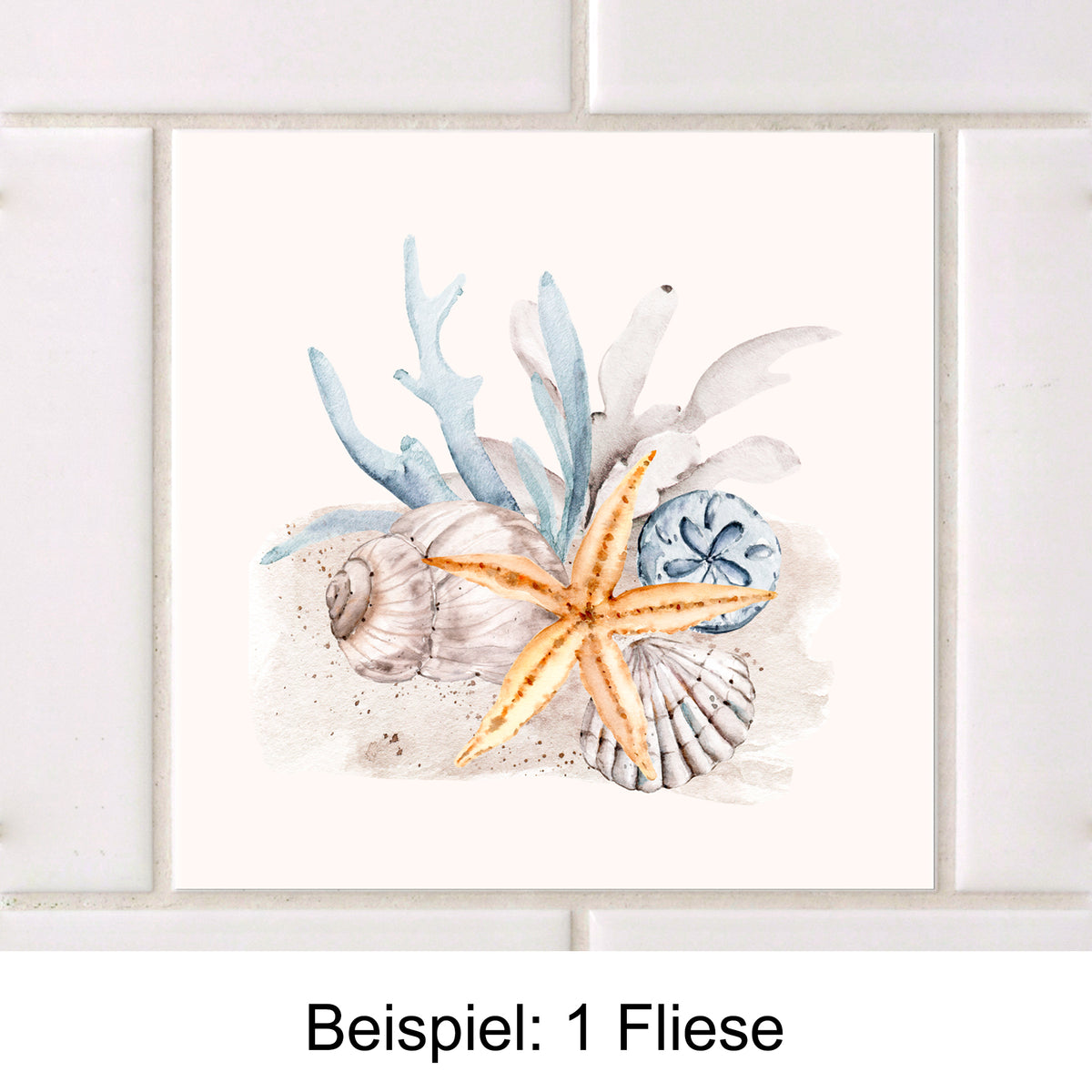 Muschel- und Seestern-Motiv in sanften Blau- und Beigetönen.