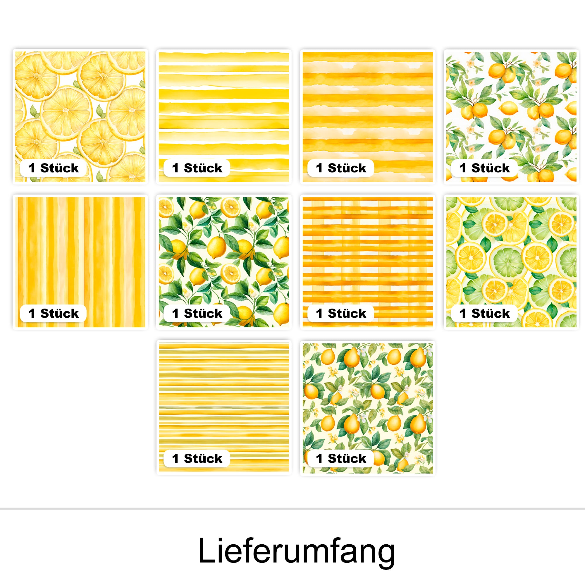 Zehn gelbe Designs mit Zitronenmotiven und Streifen.