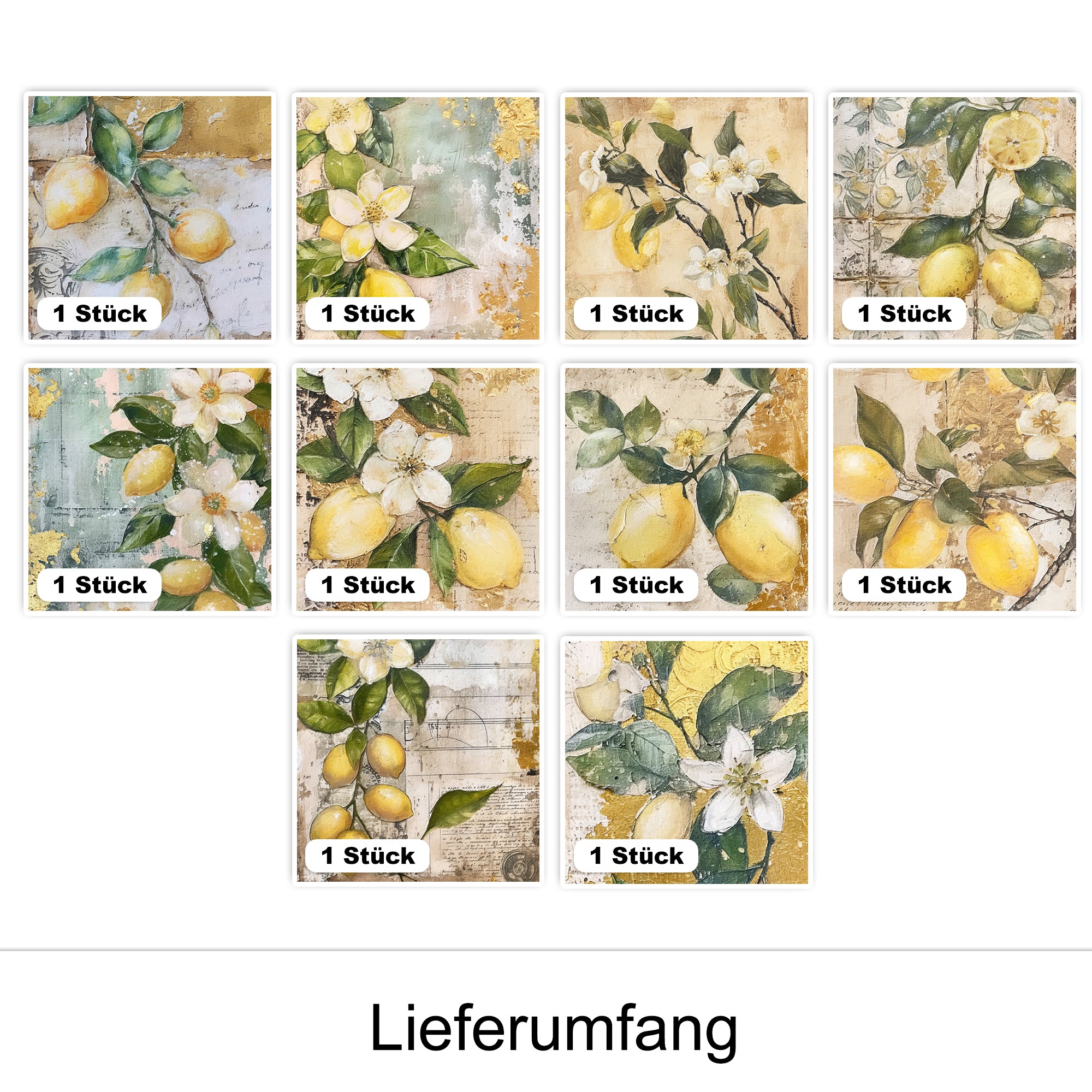 Zehn quadratische Bilder mit Zitronen und Blüten.