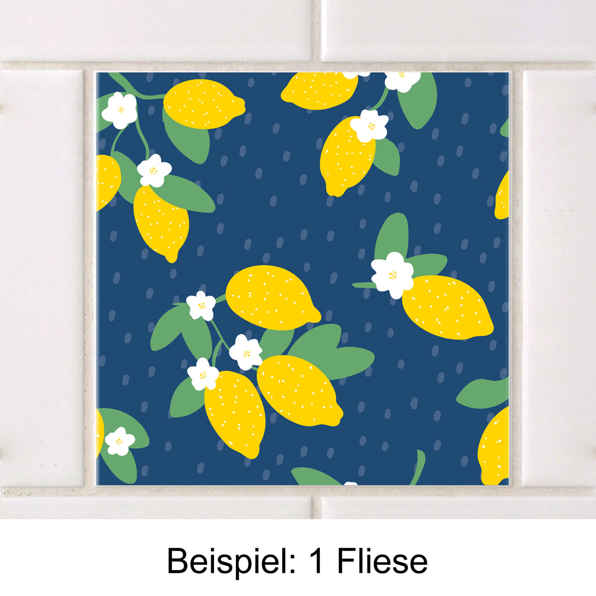 Gelbe Zitronen und weiße Blumen auf dunkelblauem Hintergrund.