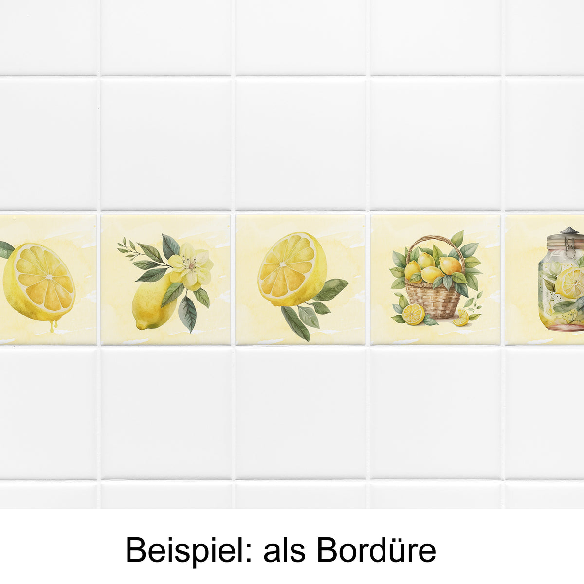Gelbe Fliesenbordüre mit Zitronenmotiven und Blumen.