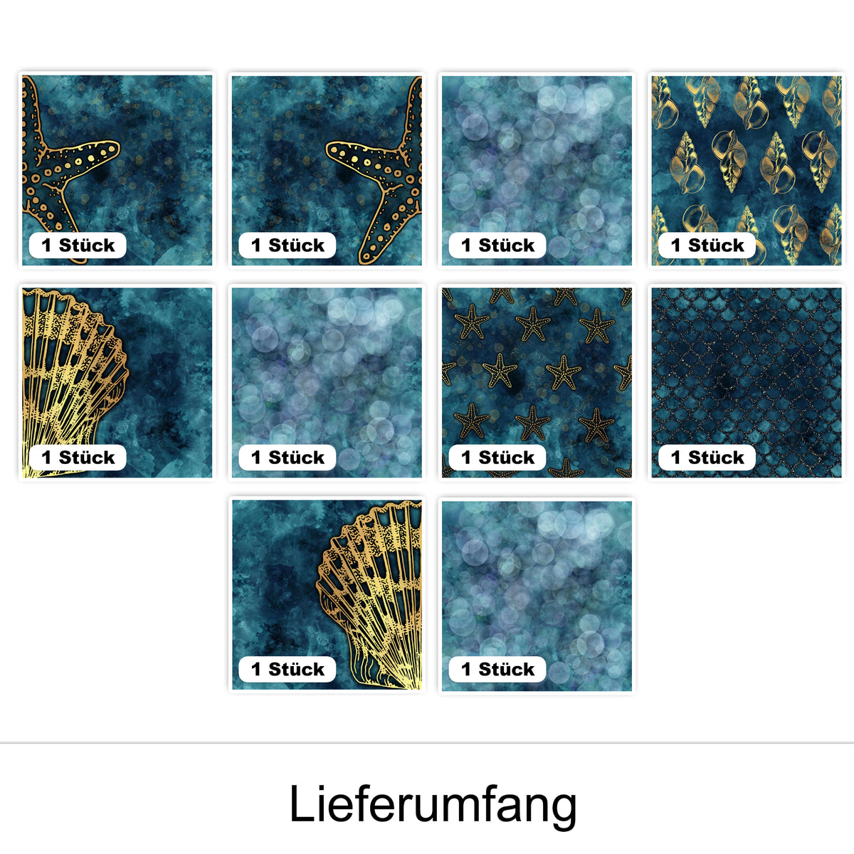 Neun dekorative Designs in Blau und Gold.