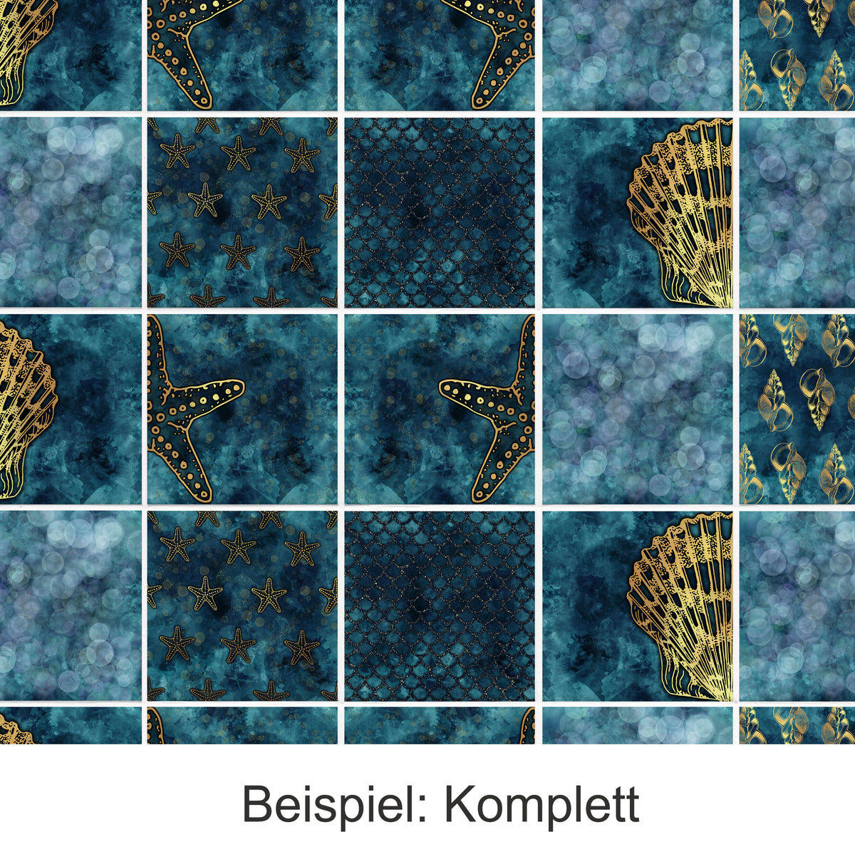 Muster mit maritimen Motiven in Blau und Gold.
