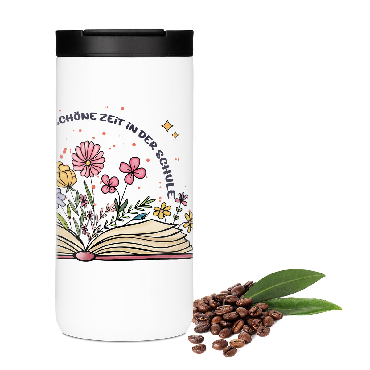 Thermo-Kaffeebecher für Lehrer mit Buch, Blumen und Wunschname