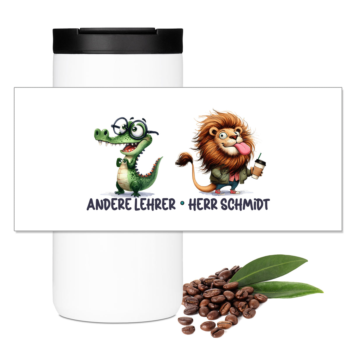 Motivübersicht zum Thermo-Kaffeebecher für Lehrer mit Löwe und Krokodil