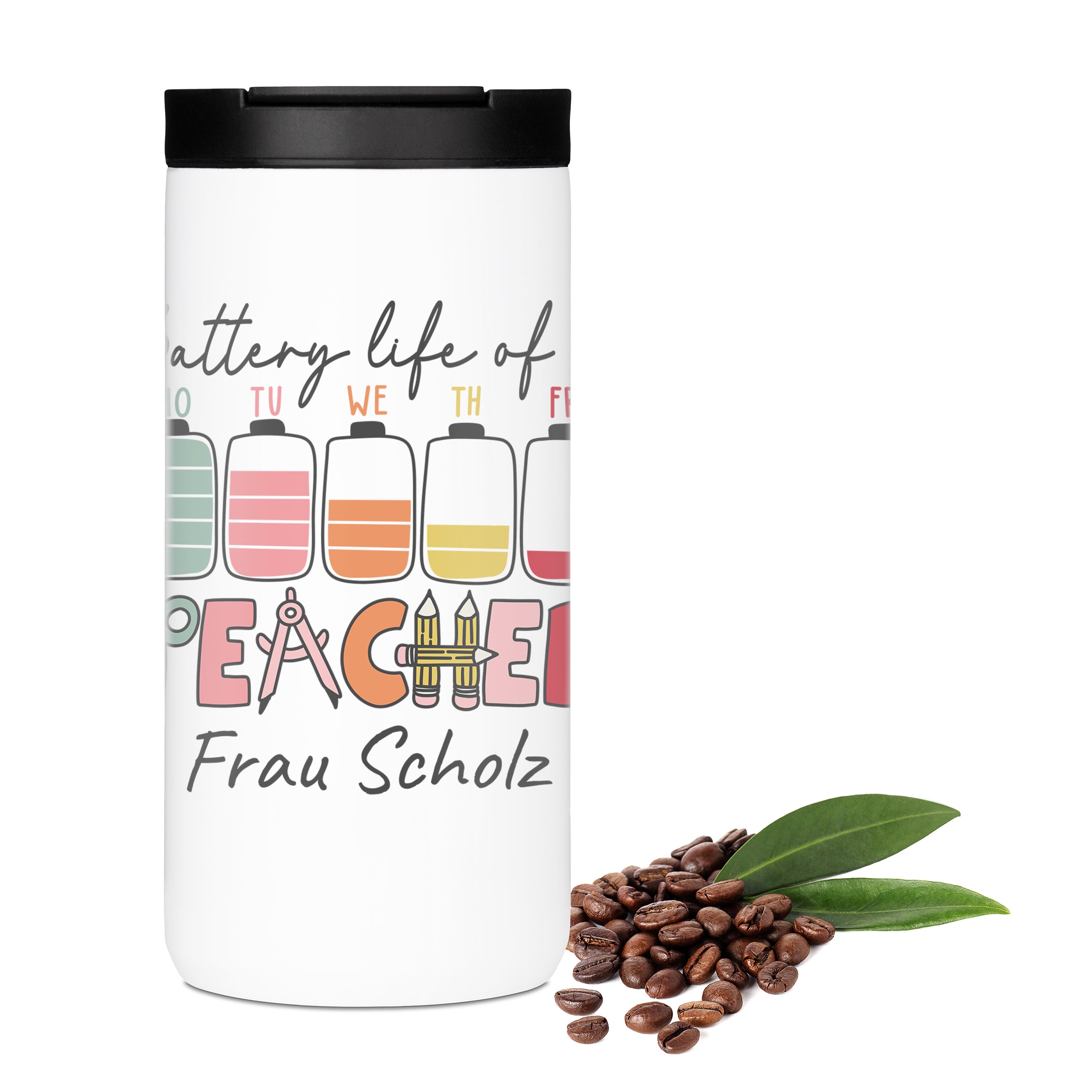 Thermo-Kaffeebecher für Englischlehrerin mit Schulmotiven und Wunschname