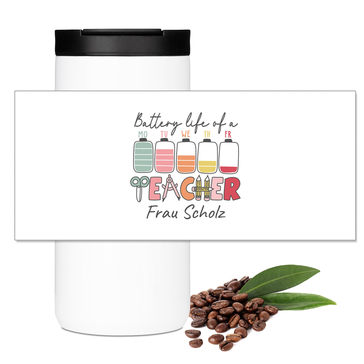 Motivübersicht zum Thermo-Kaffeebecher für Englischlehrerin mit Schulmotiven