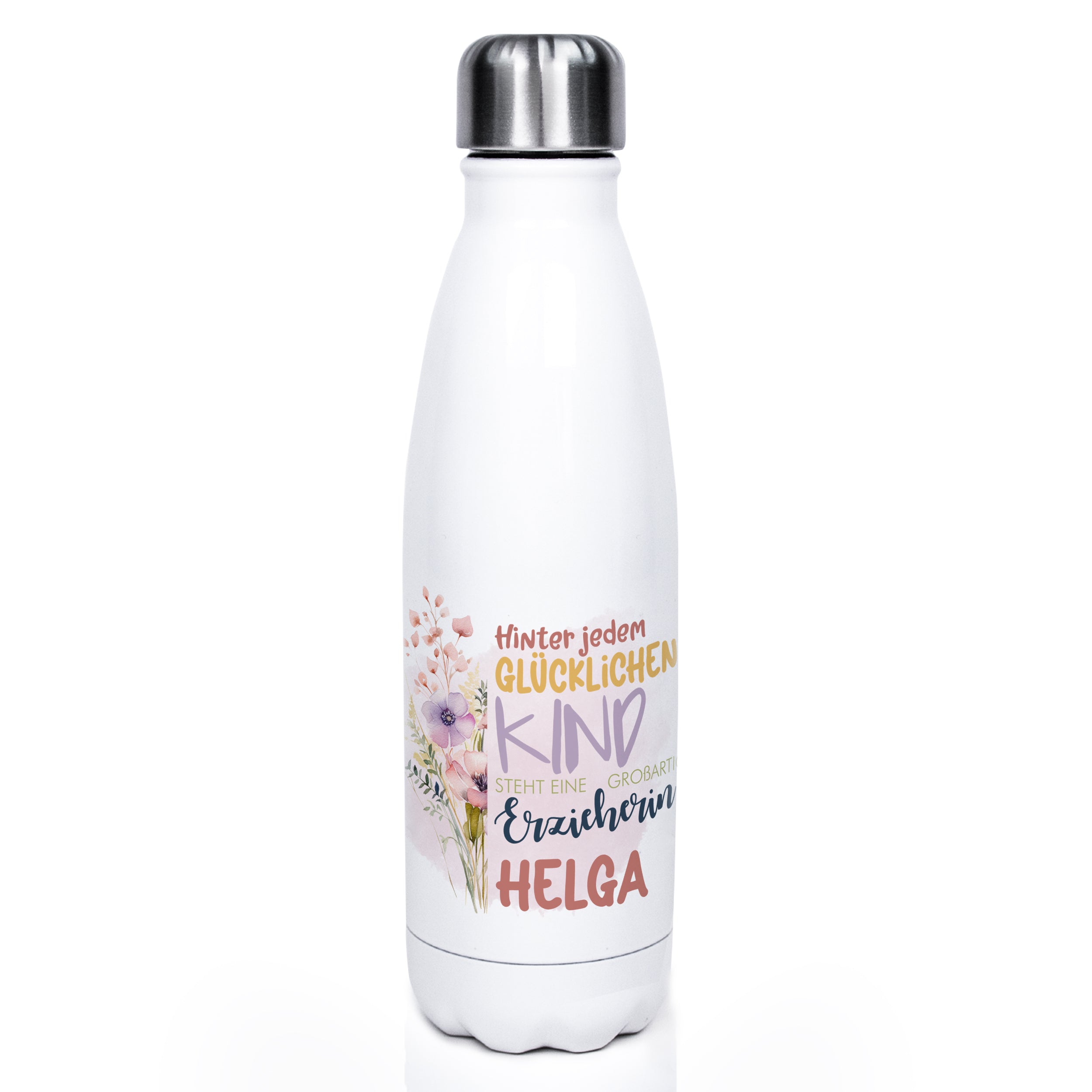 Weiße Edelstahl-Trinkflasche mit floralem Design und Spruch.