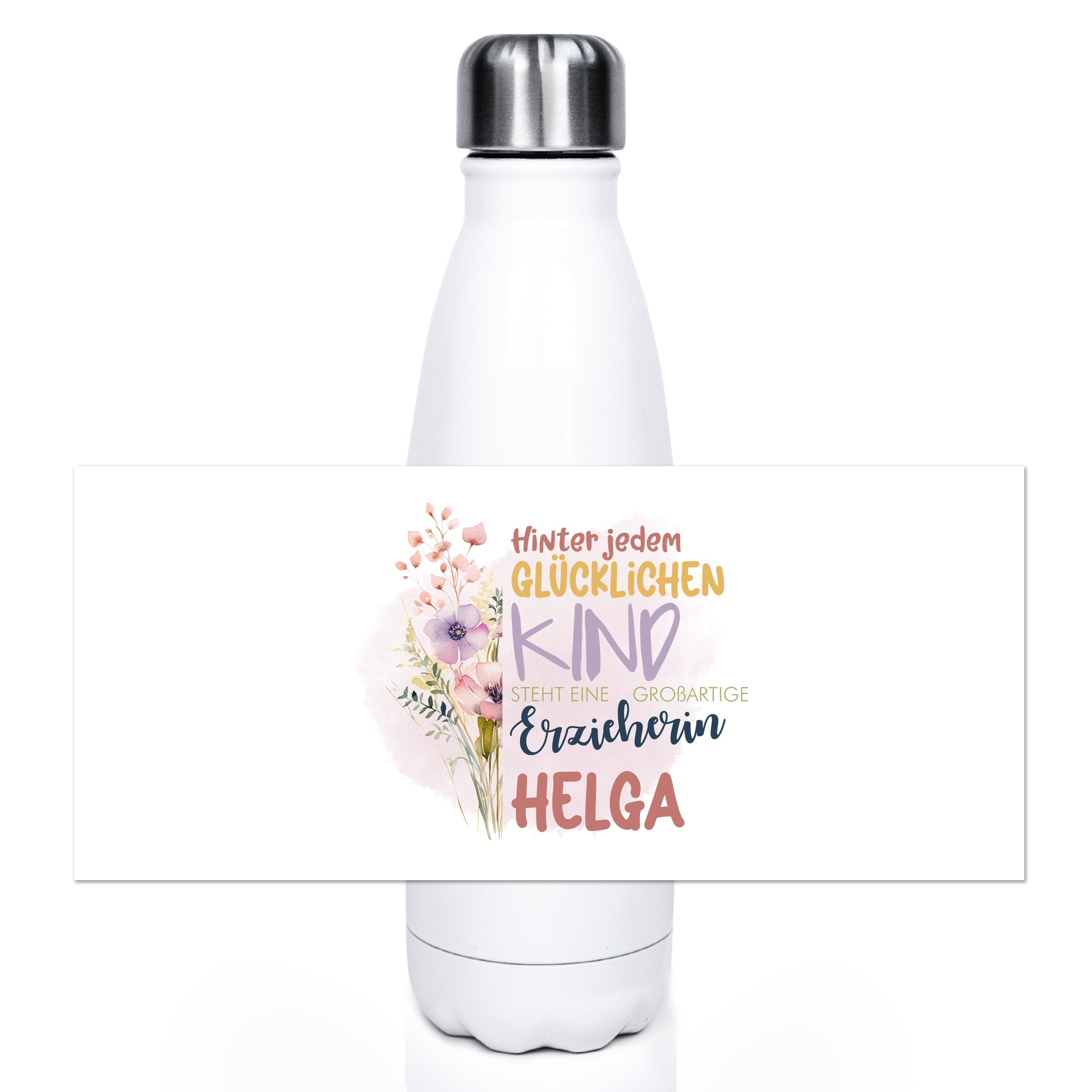 Weiße Trinkflasche mit buntem, floralem Aufdruck für Erzieherin Helga.