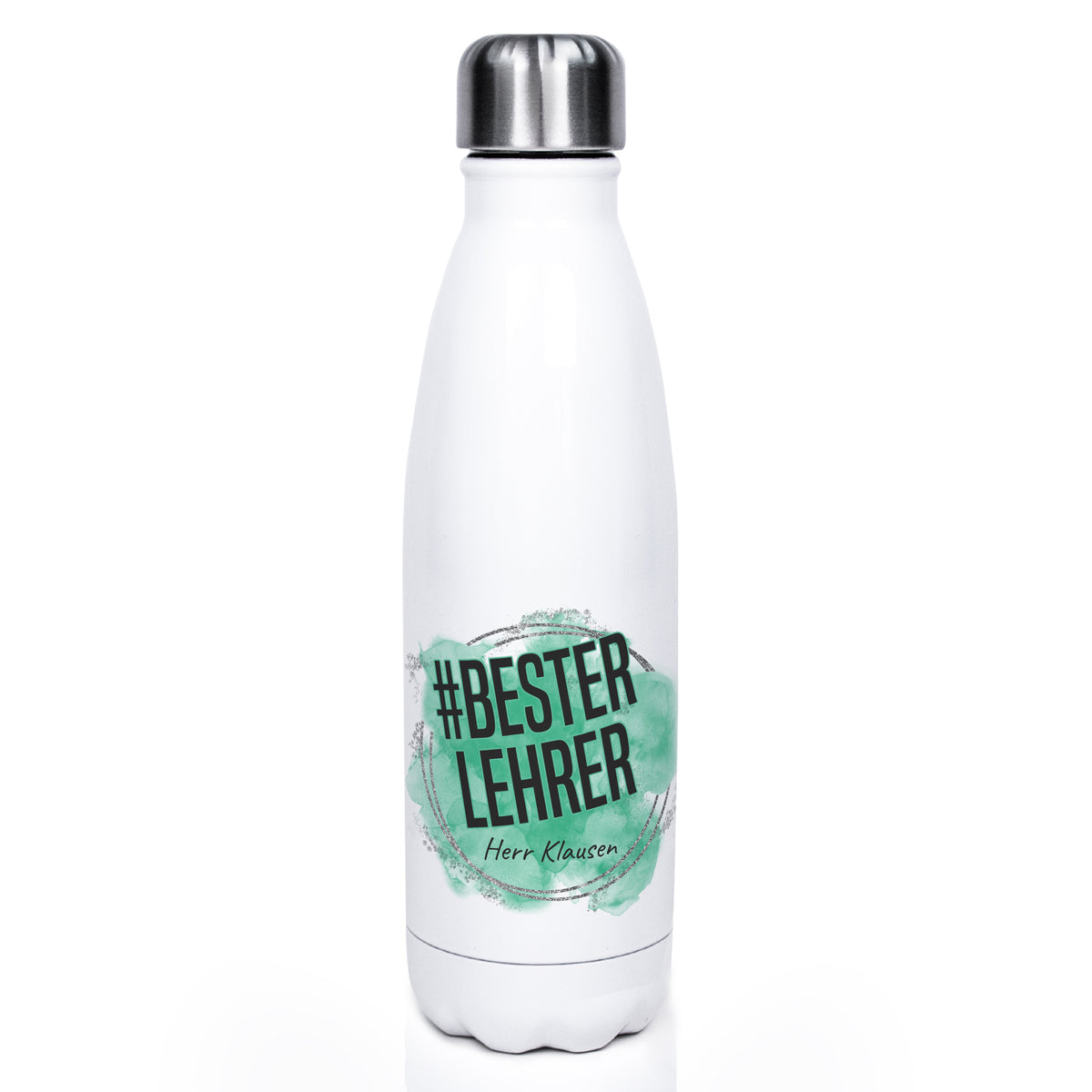 Weiße Edelstahl-Trinkflasche mit Aufschrift "#BESTERLEHRER".