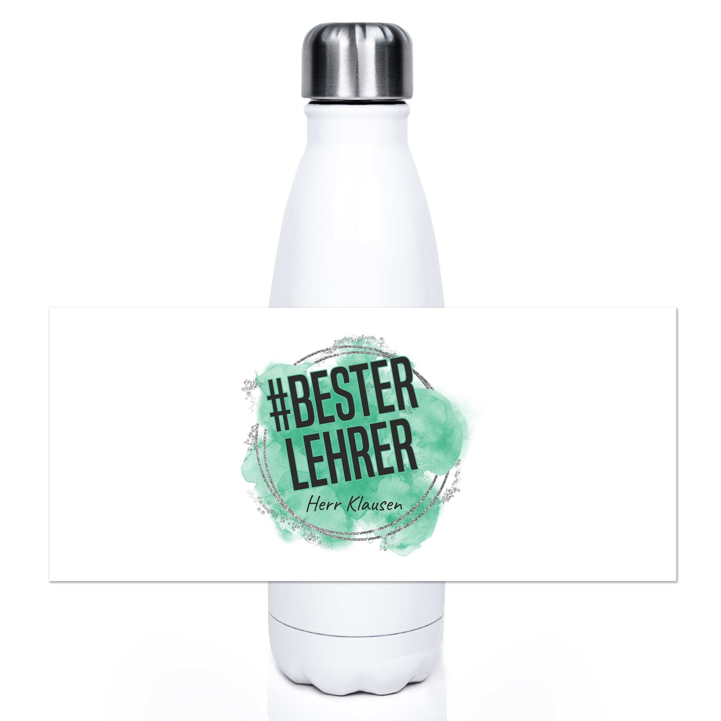 Edelstahl-Trinkflasche mit Aufschrift "#BESTERLEHRER" in Grün.