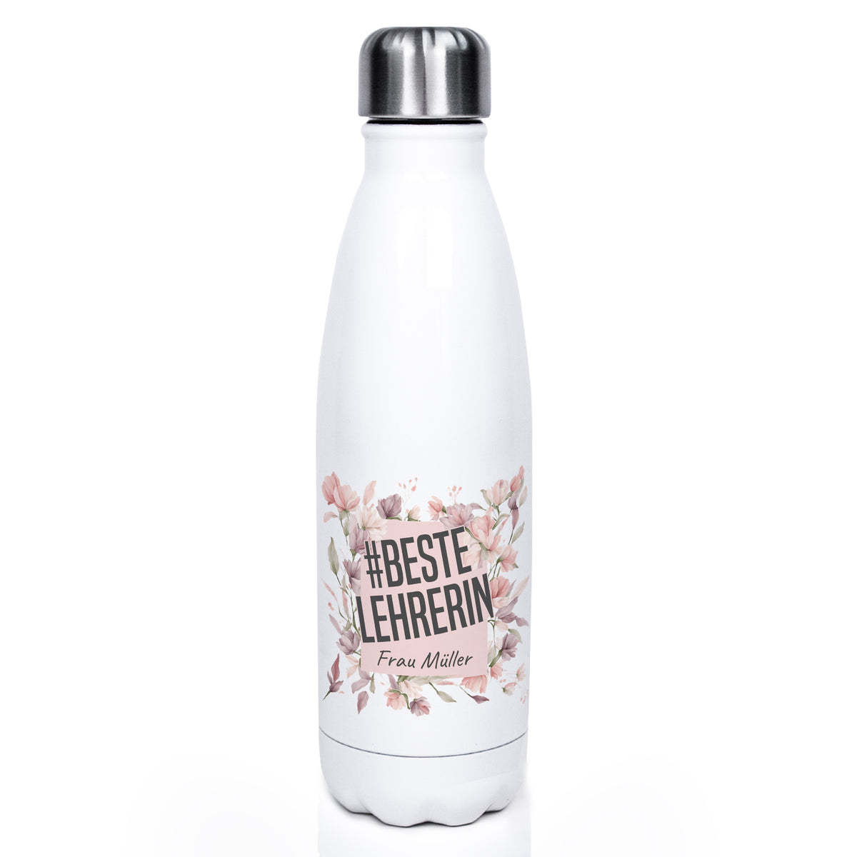 Weiße Edelstahl-Trinkflasche mit floralem Design und Aufschrift.