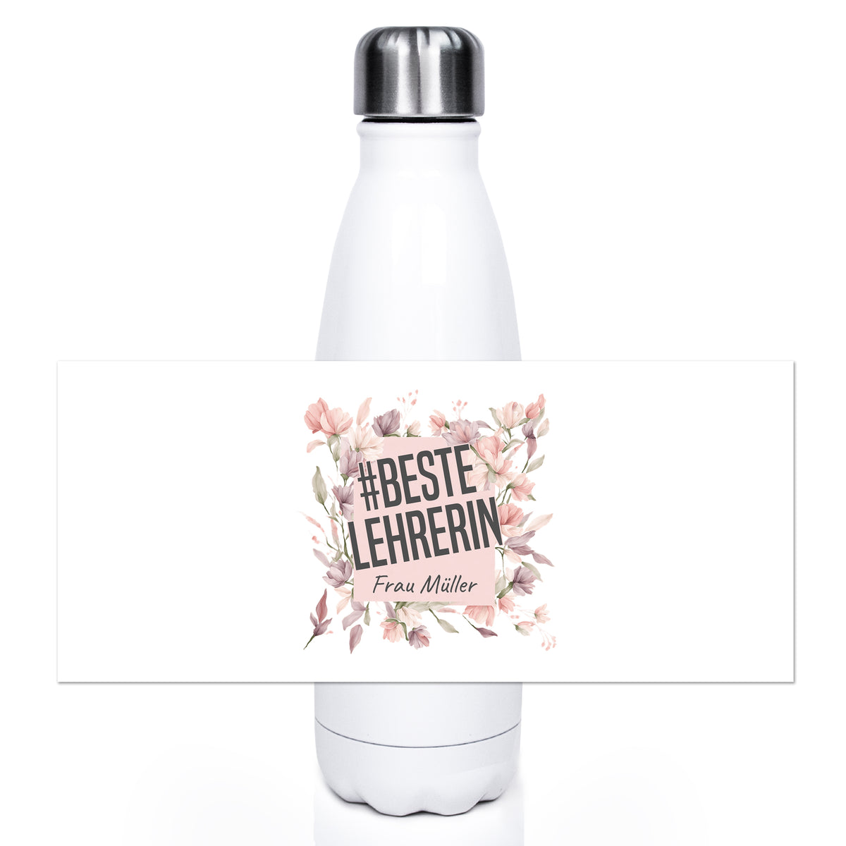 Weiße Edelstahl-Trinkflasche mit floralem #BESTELEHRERIN-Design.