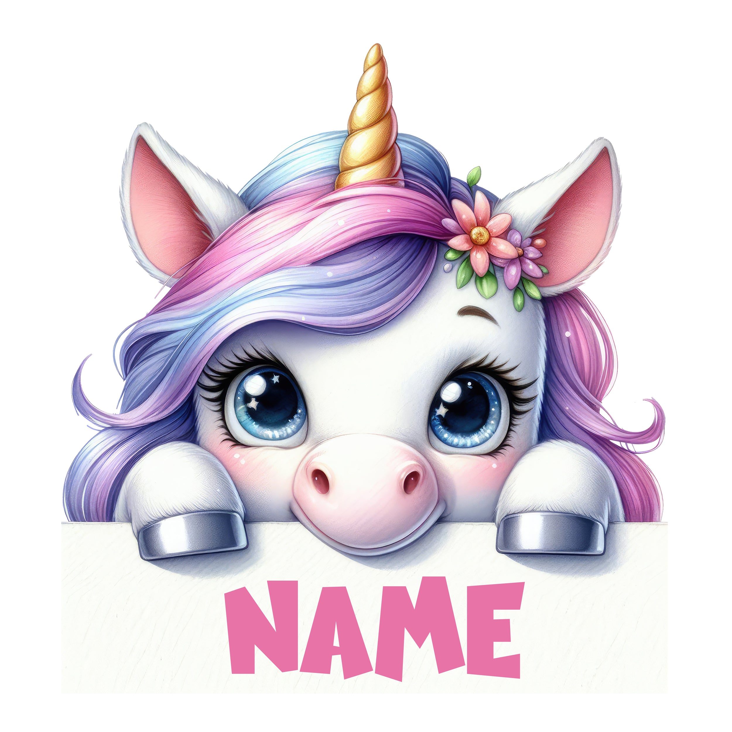 Einhorn mit buntem Haar und Blumenakzent, fröhlich.