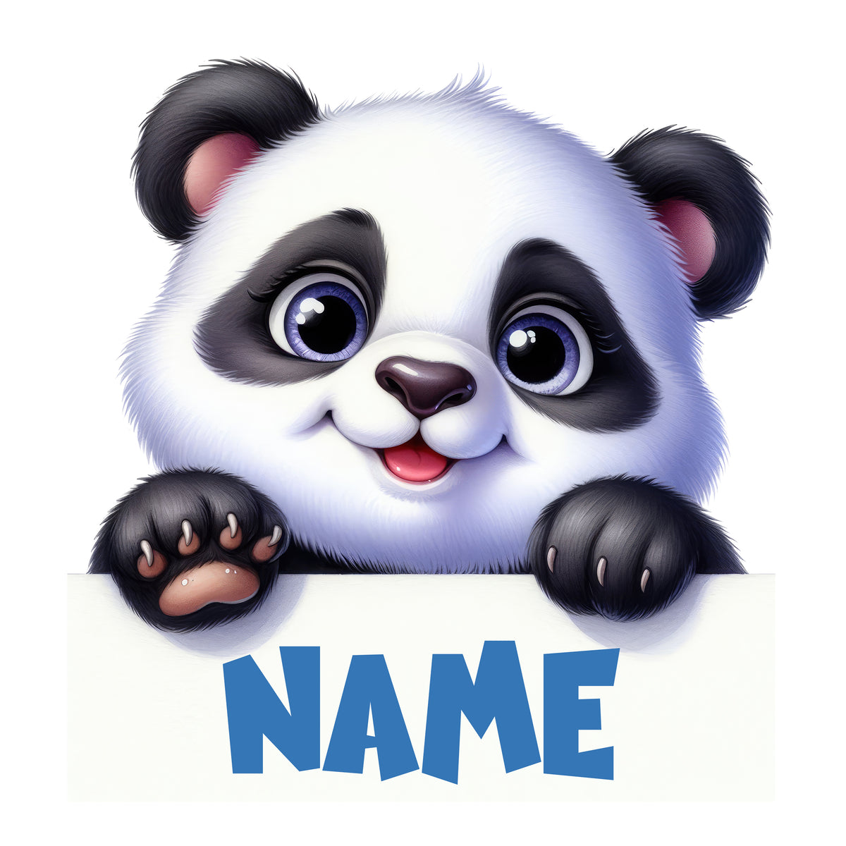 Niedlicher Panda mit Schild und blauer Schrift.