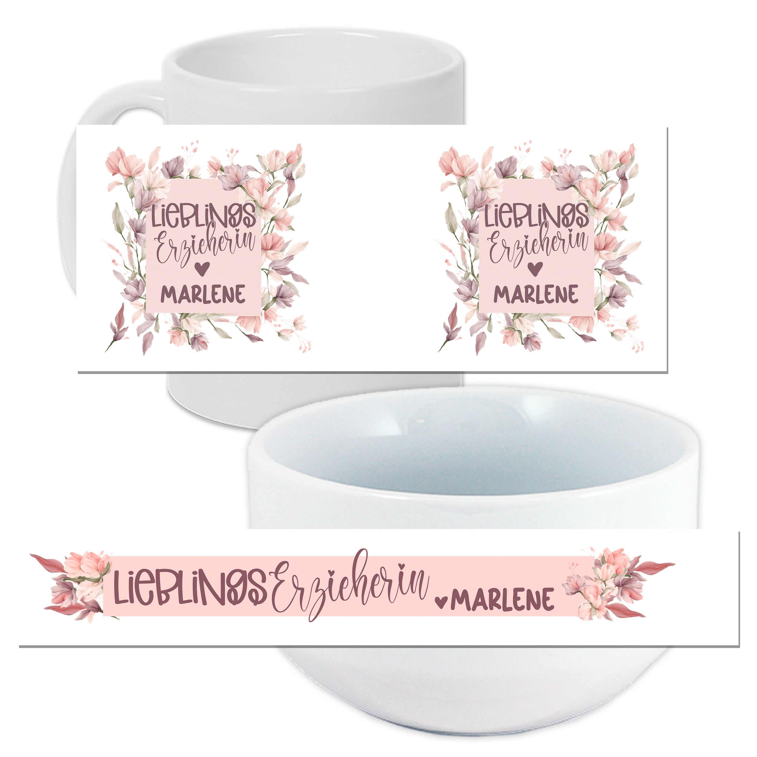 Weiße Tasse und Schüssel mit floralem Design und Text.
