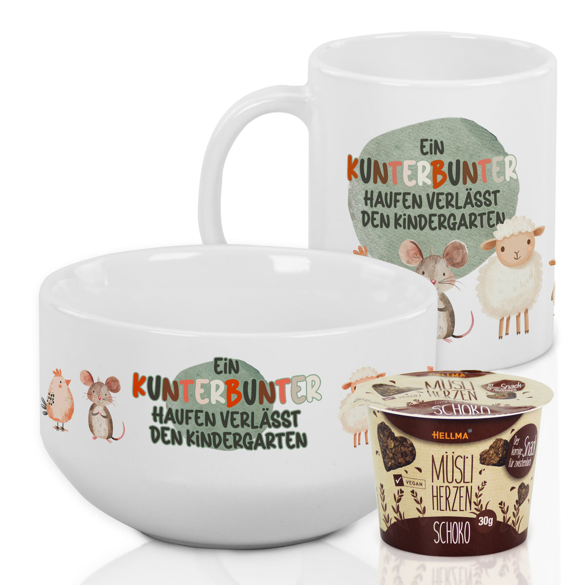 Kunterbunte Tasse und Schüssel mit Kindergartenmotiv.