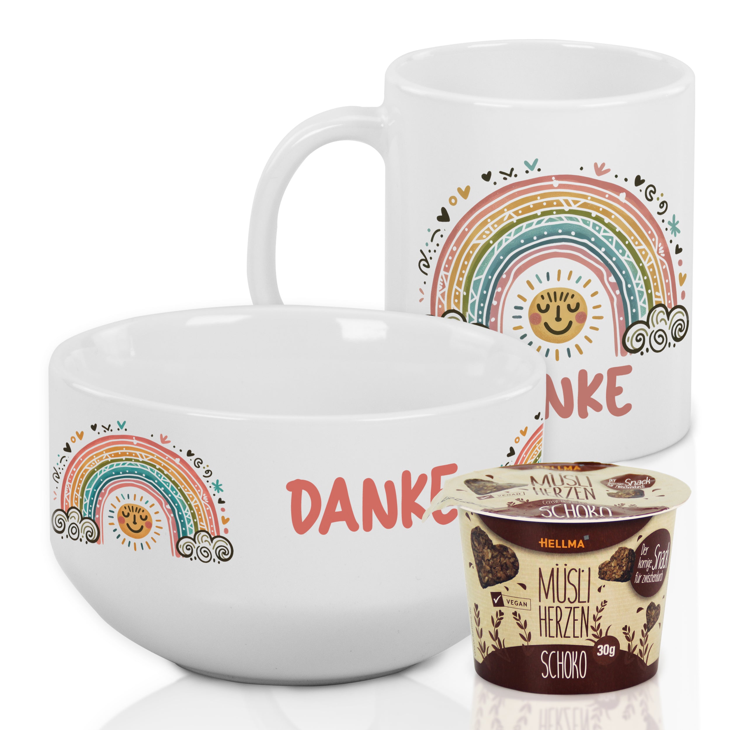 Tasse und Schüssel mit Regenbogen-Motiv, weiß, "DANKE"