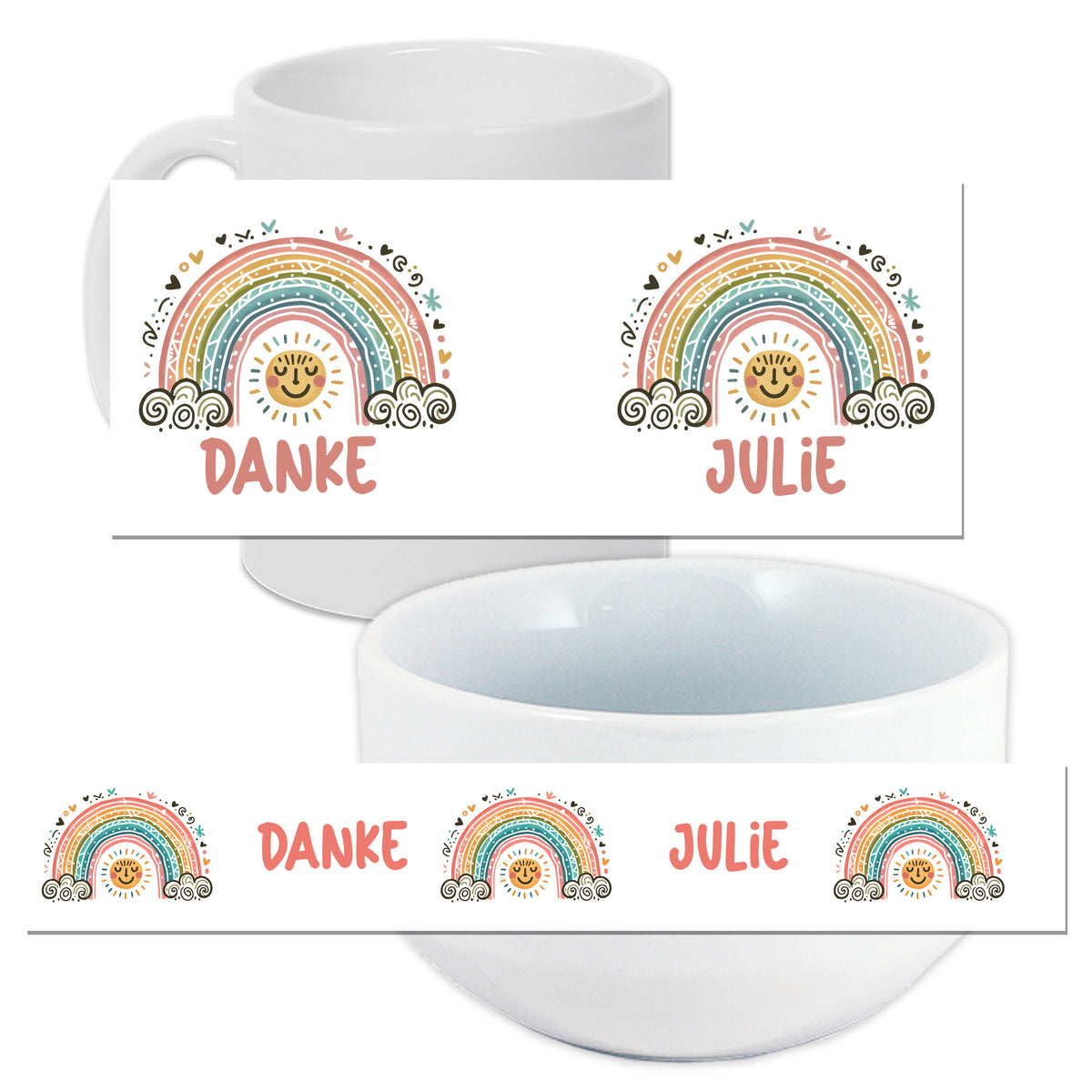 Weiße Tasse und Schüssel mit buntem Regenbogen-Design.