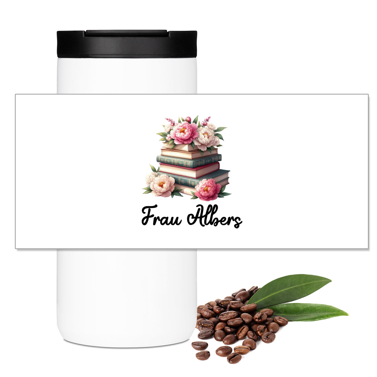 Motivübersicht zum Thermo-Kaffeebecher mit Büchern, Rosen und Wunschname